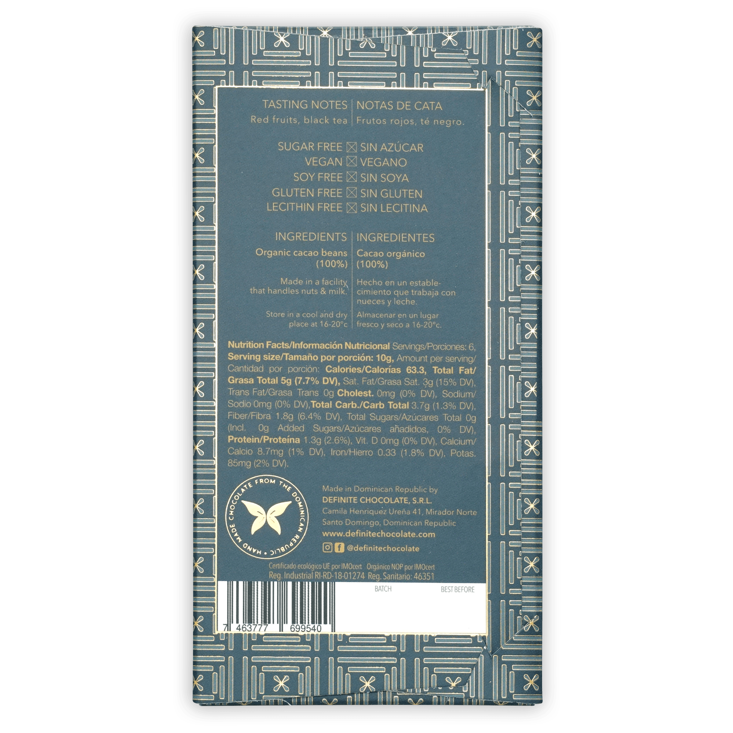 Back of Definite Zorzal 100% chocolate bar wrapper with teal geometric pattern