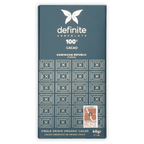Definite Zorzal 100% dark teal chocolate bar wrapper with white text and geometric patterns