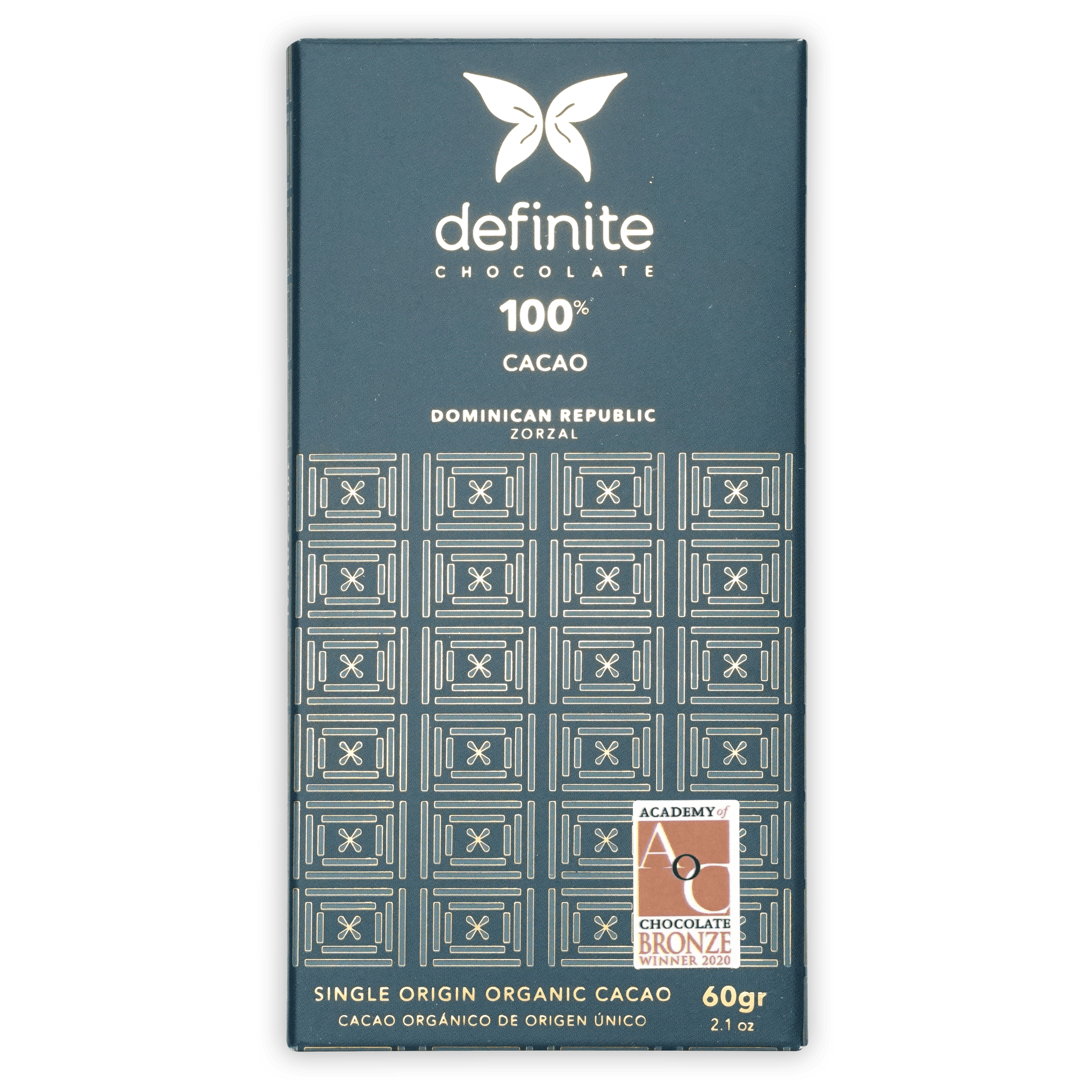 Definite Zorzal 100% dark teal chocolate bar wrapper with white text and geometric patterns