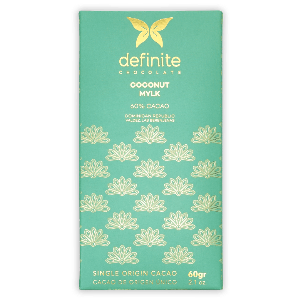 Definite Coconut Milk 60% cacao chocolate bar wrapper in teal with gold butterfly logo