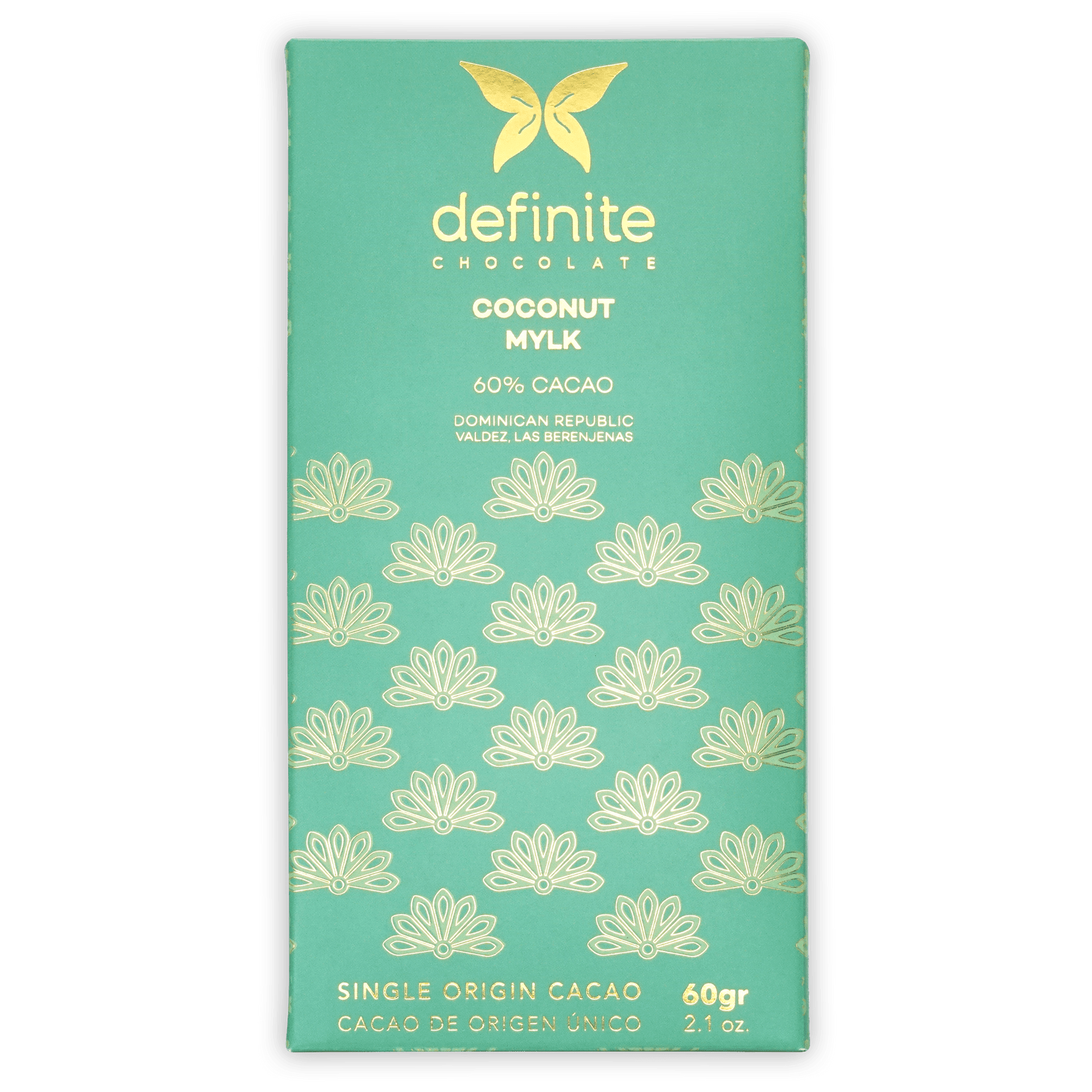 Definite Coconut Milk 60% cacao chocolate bar wrapper in teal with gold butterfly logo