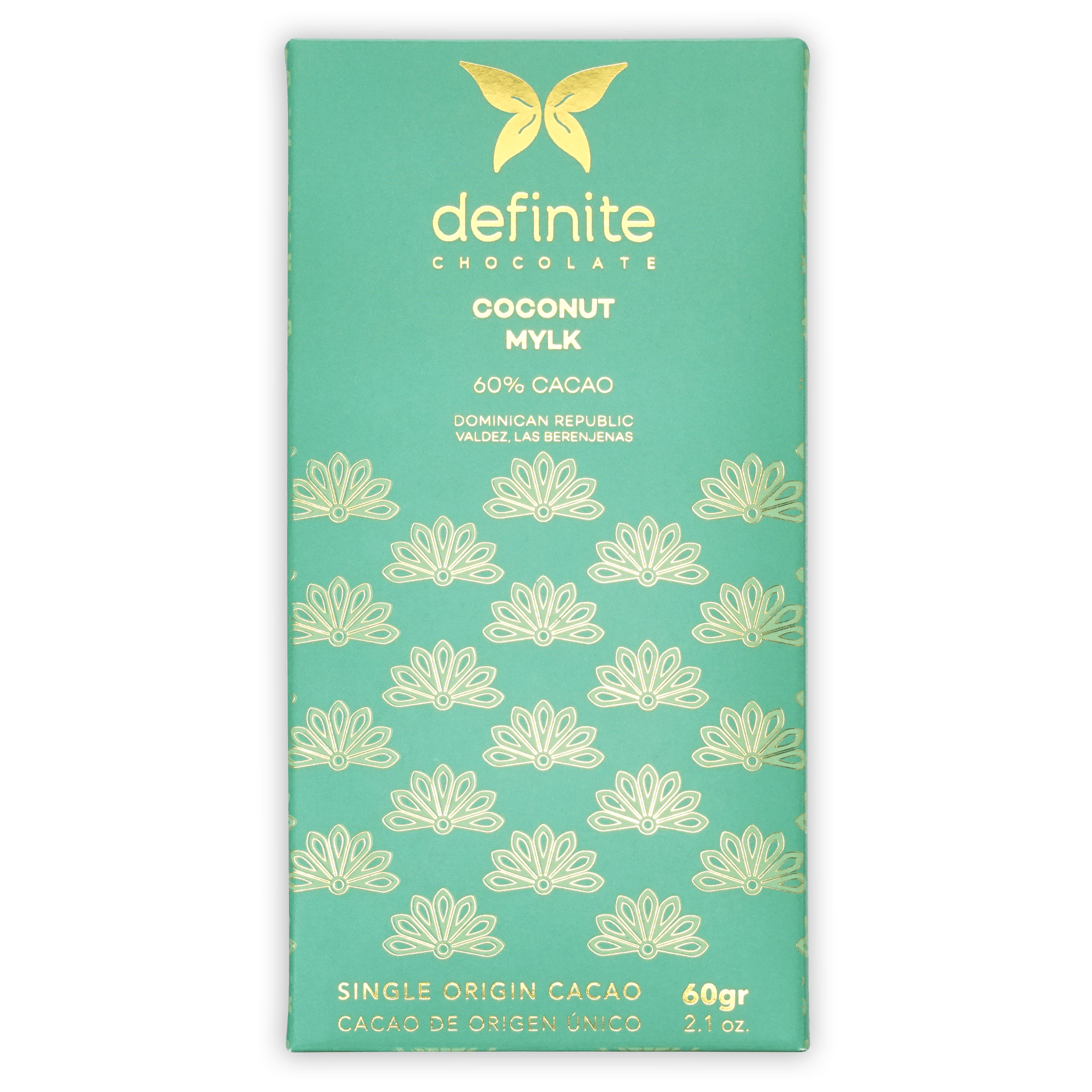 Definite Coconut Milk 60% cacao chocolate bar wrapper in teal with gold butterfly logo