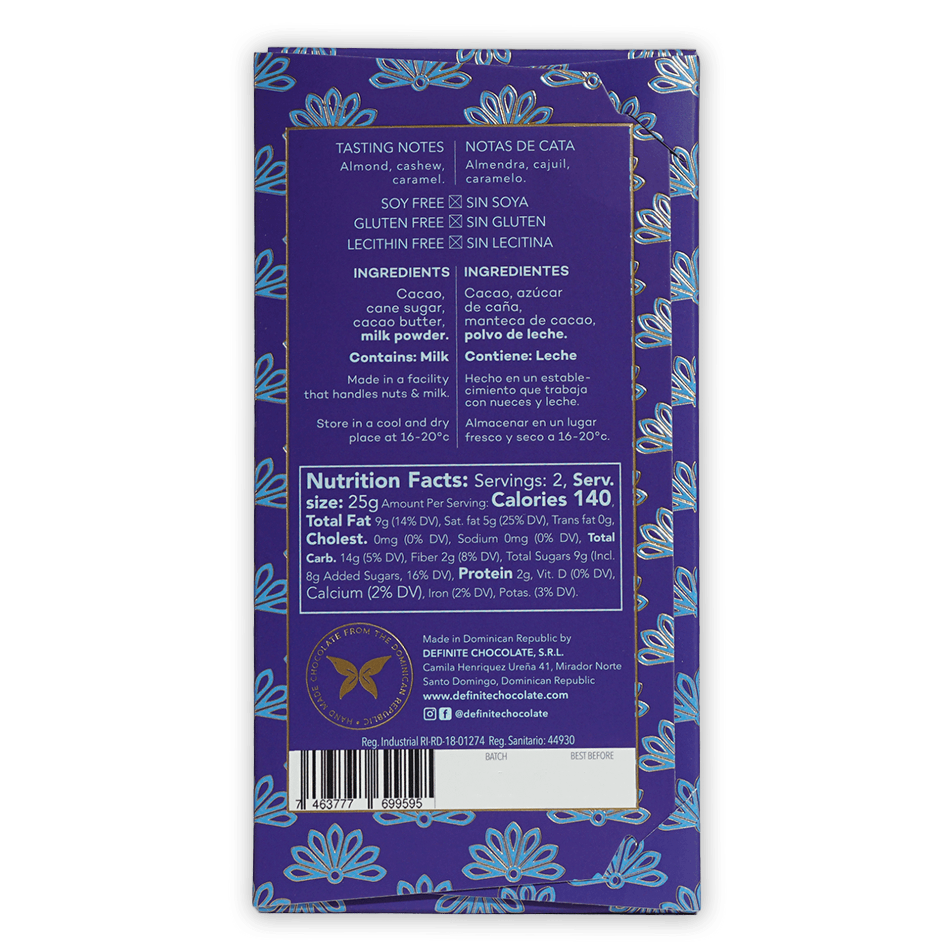 Definite Dark Milk Chocolate 55% bar with purple wrapper, blue florals, gold accents