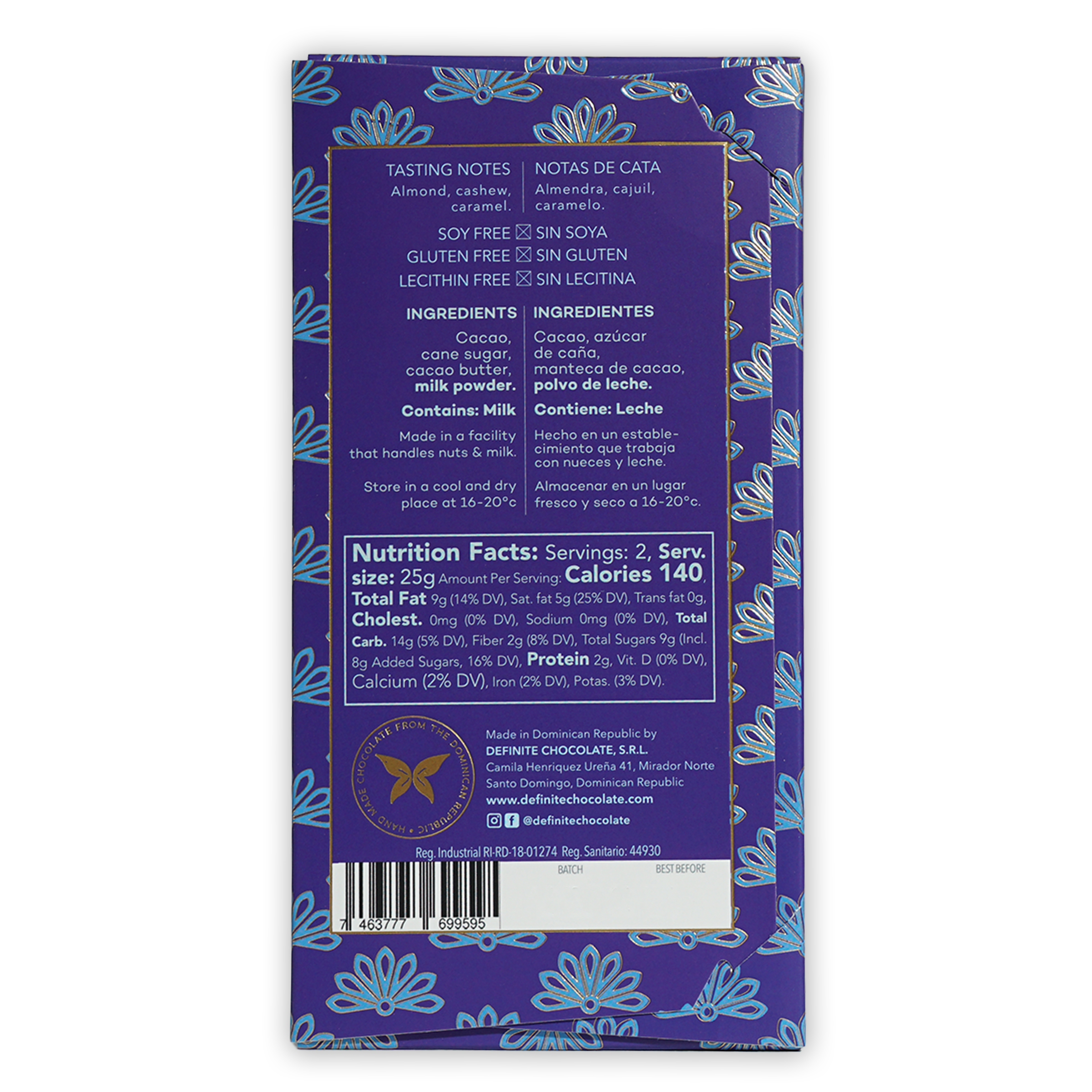 Definite Dark Milk Chocolate 55% bar with purple wrapper, blue florals, gold accents