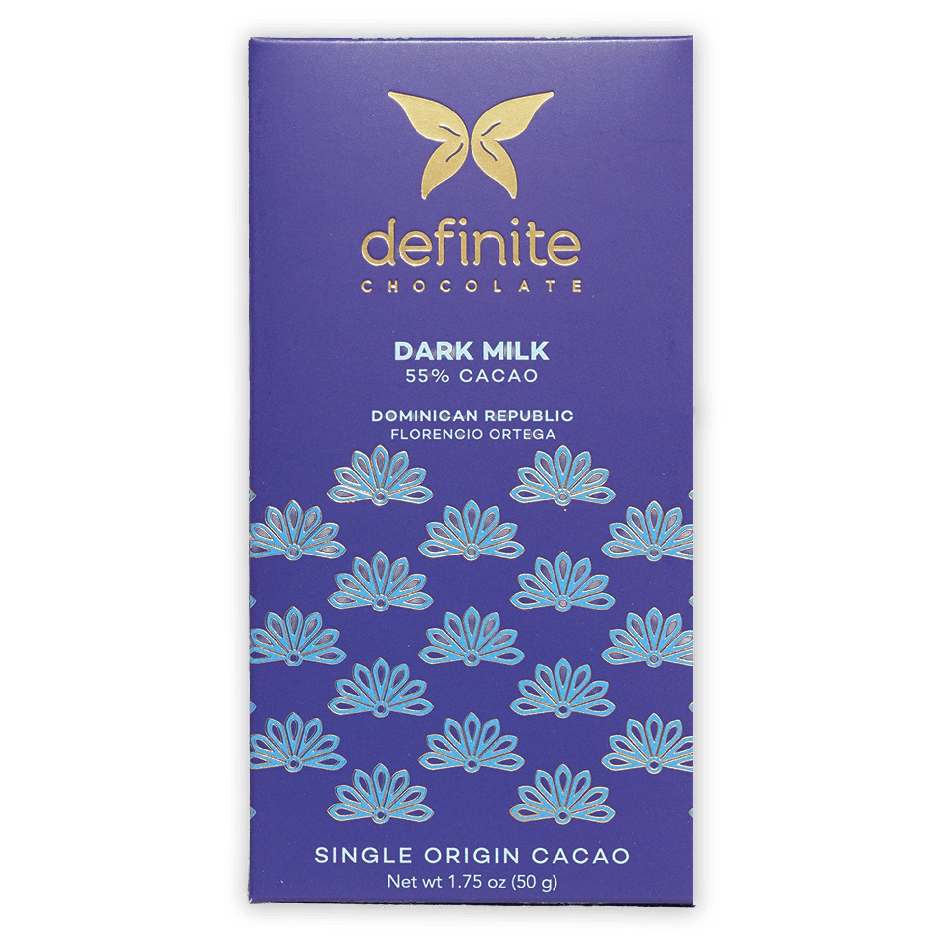 Definite Dark Milk Chocolate 55% bar wrapper with gold butterfly logo