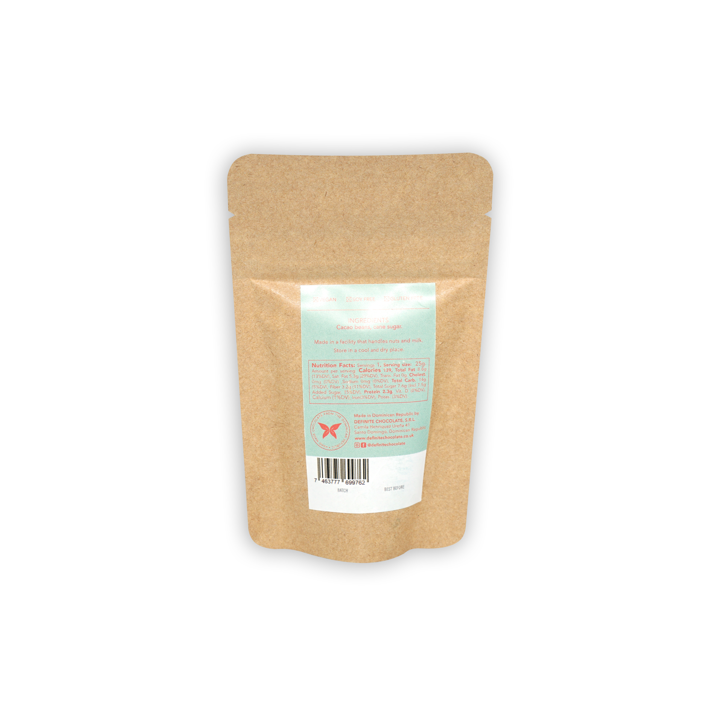 Back of Definite Drinking Chocolate Dark 70% kraft pouch with teal label