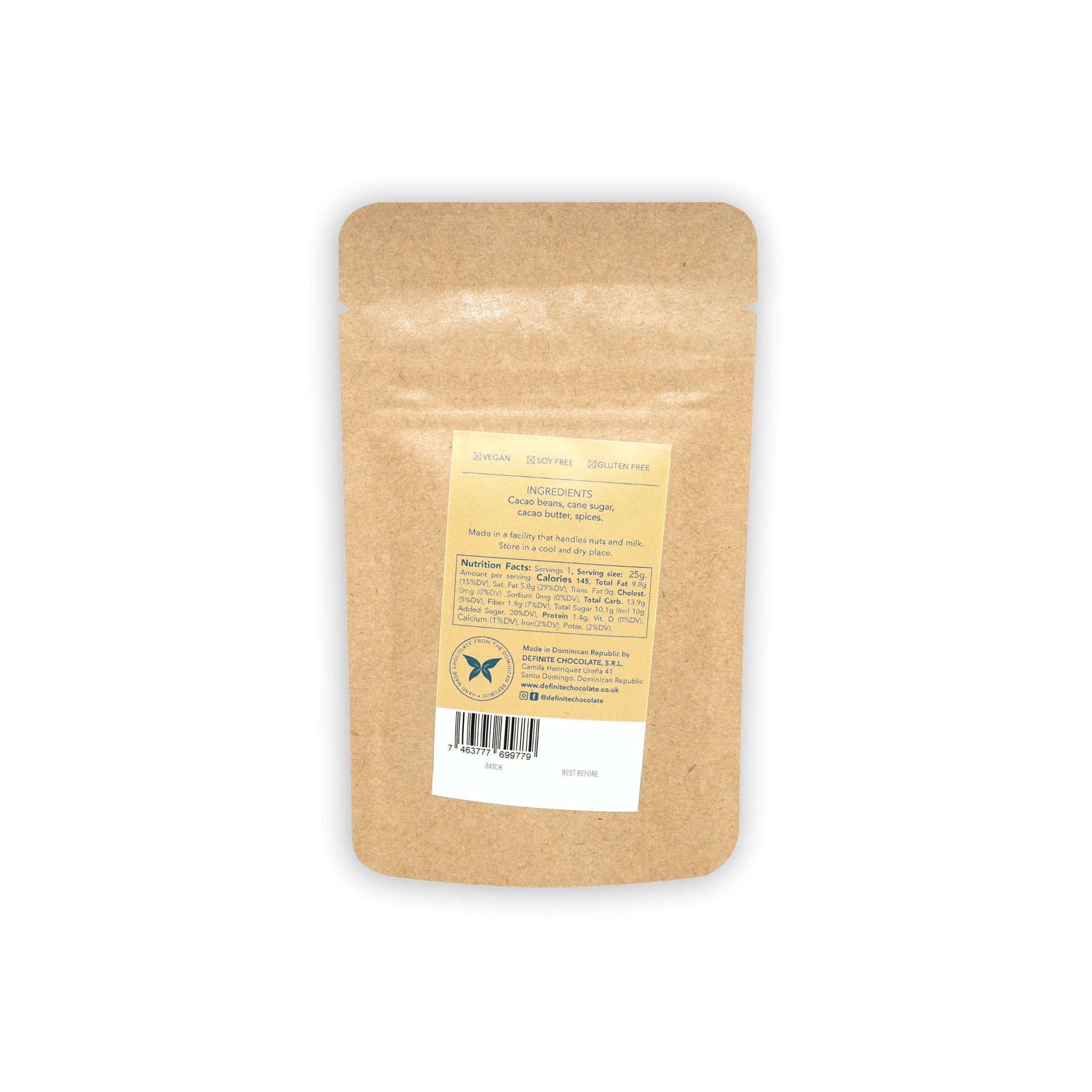 Brown kraft pouch of Definite Drinking Chocolate w/ Dominican Spices 60% with yellow label and barcode