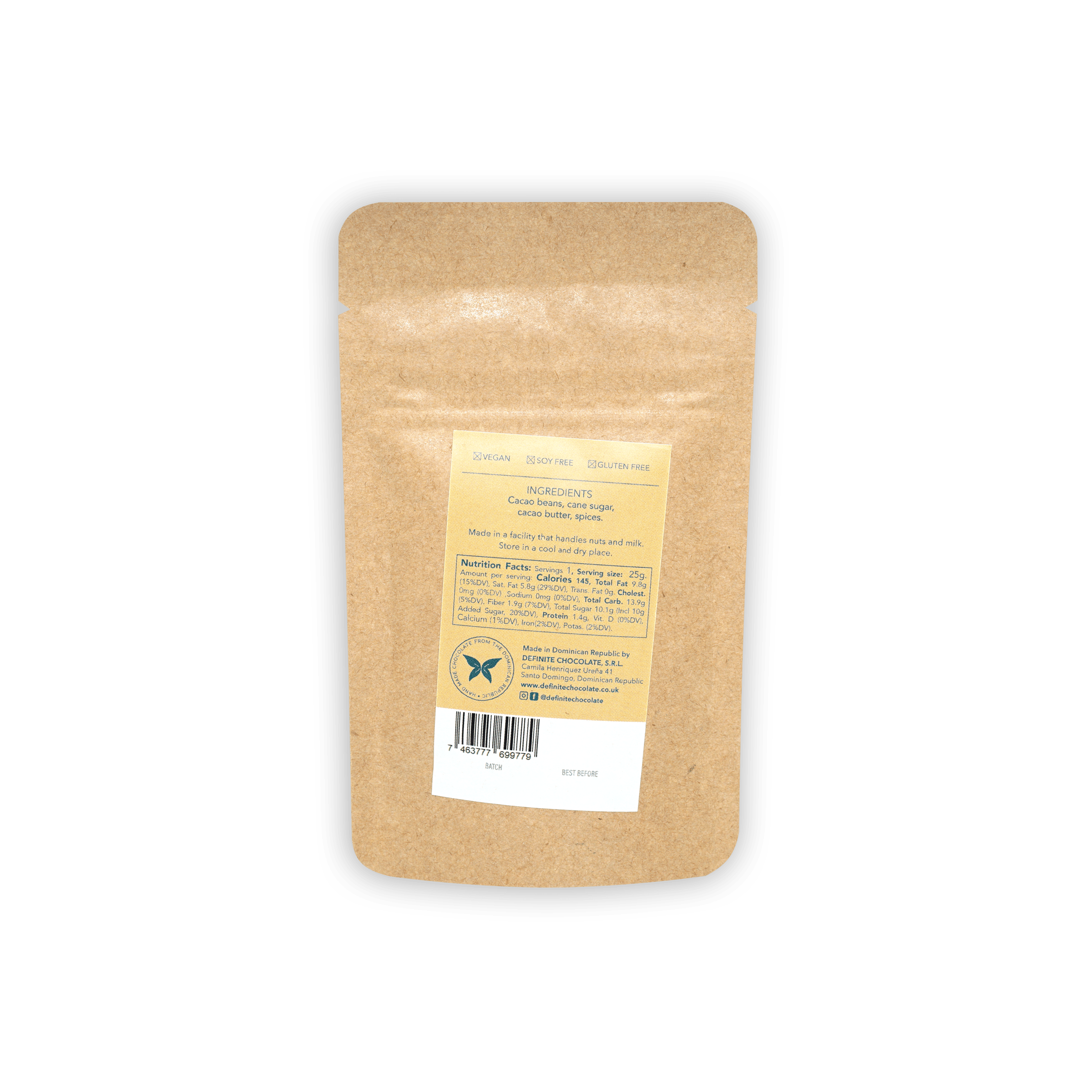 Brown kraft pouch of Definite Drinking Chocolate w/ Dominican Spices 60% with yellow label and barcode