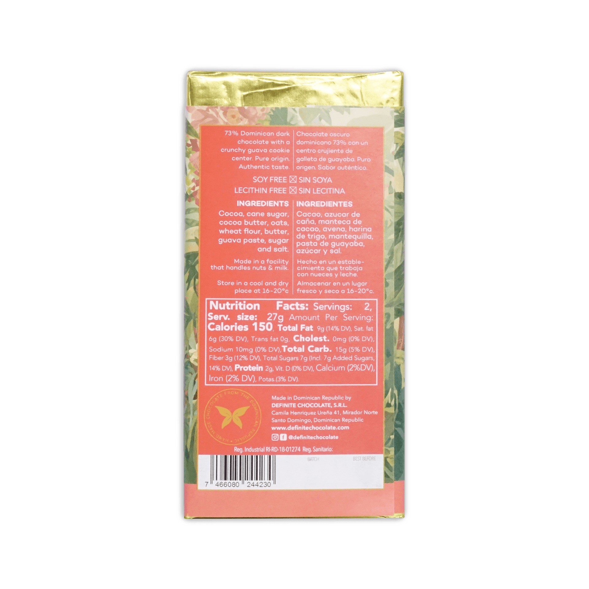 Back of Definite Guava Cookies bar, coral panel with English and Spanish ingredients, nutrition facts, gold foil top, barcode