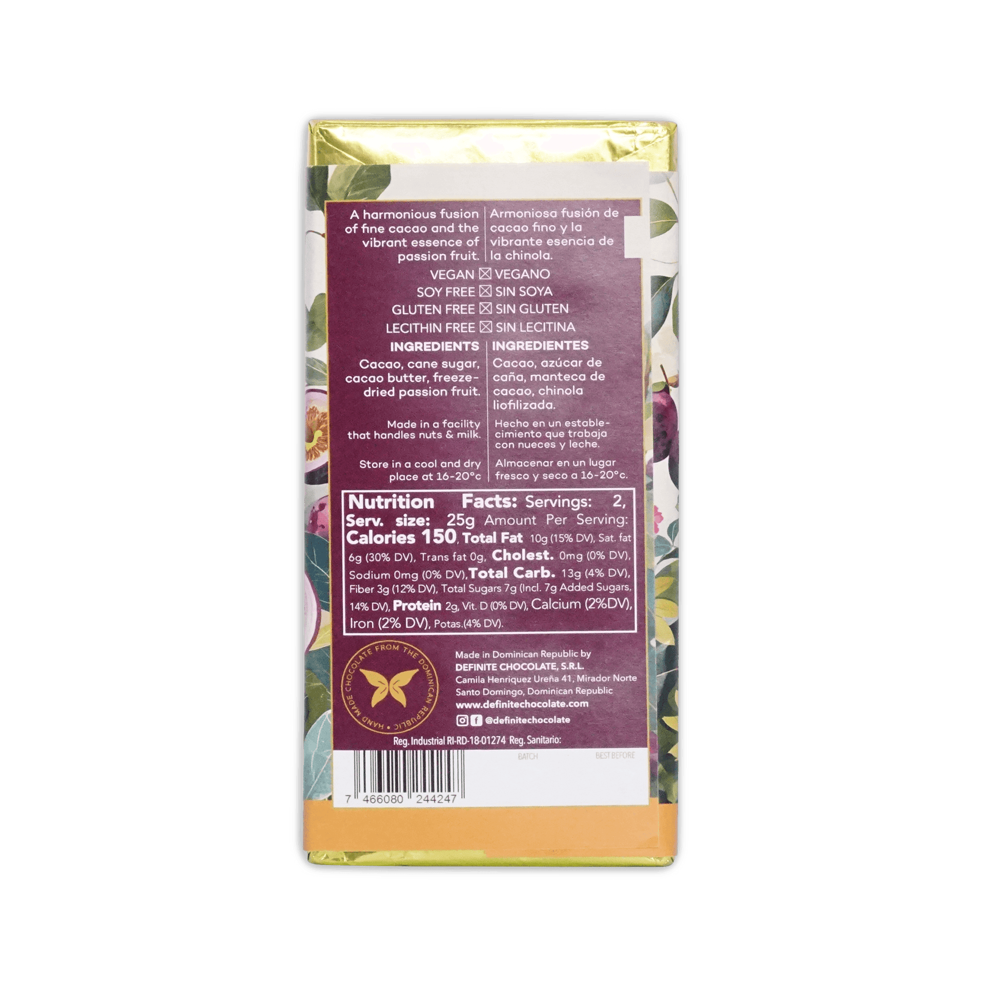 Back of the Definite Passion Fruit wrapper with purple panel, English and Spanish ingredients, nutrition facts, and a barcode.
