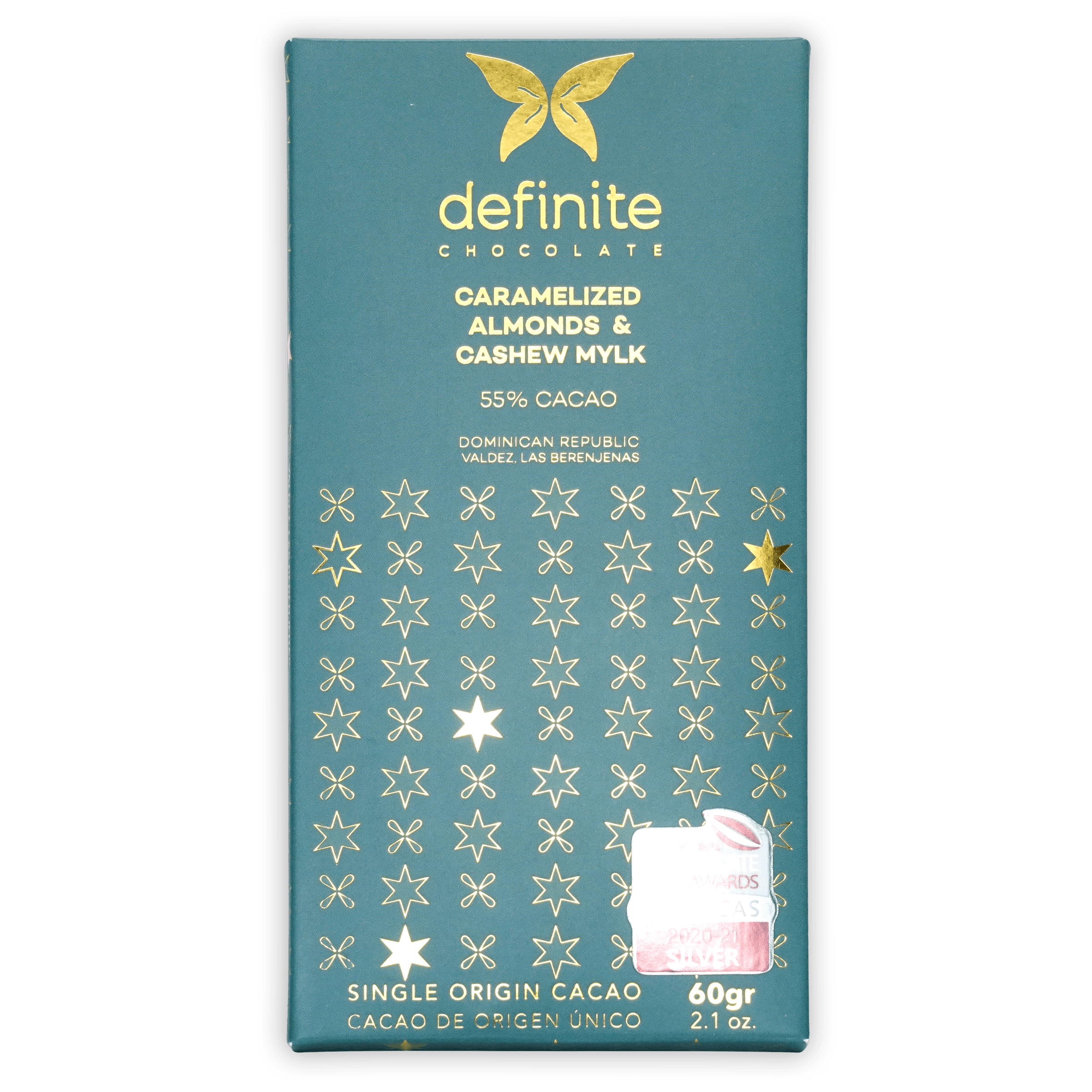 Teal Definite Cashew Milk Chocolate bar with caramelized almonds, gold butterfly logo