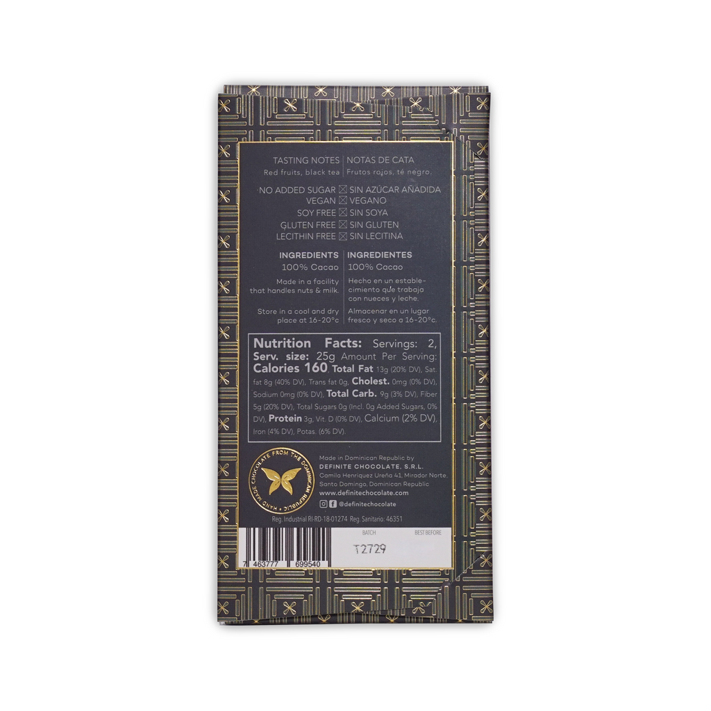 Back of the charcoal Definite Zorzal box with tasting notes, dietary check marks, ingredients, and nutrition.