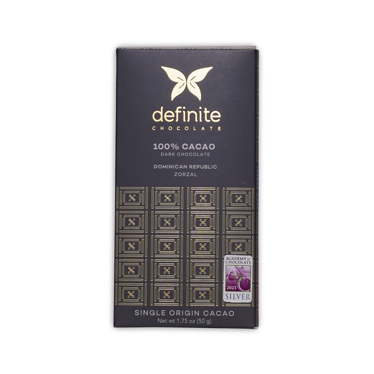 Definite Chocolate 100% Cacao Zorzal bar in a charcoal box with a gold butterfly logo and a silver award seal.