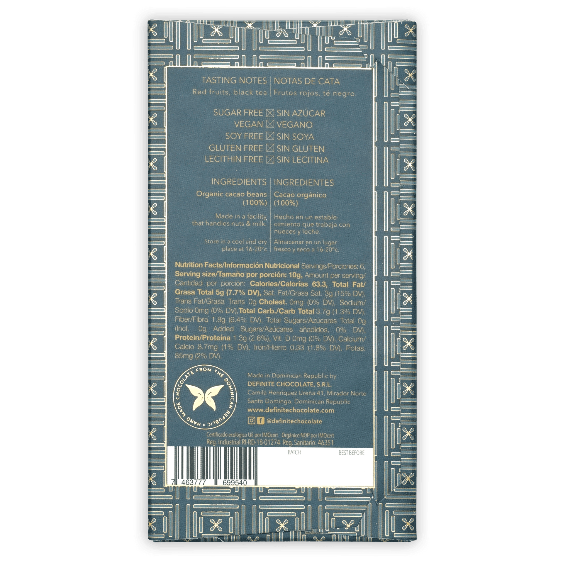 Back of Definite Zorzal 100% chocolate bar wrapper with teal geometric pattern