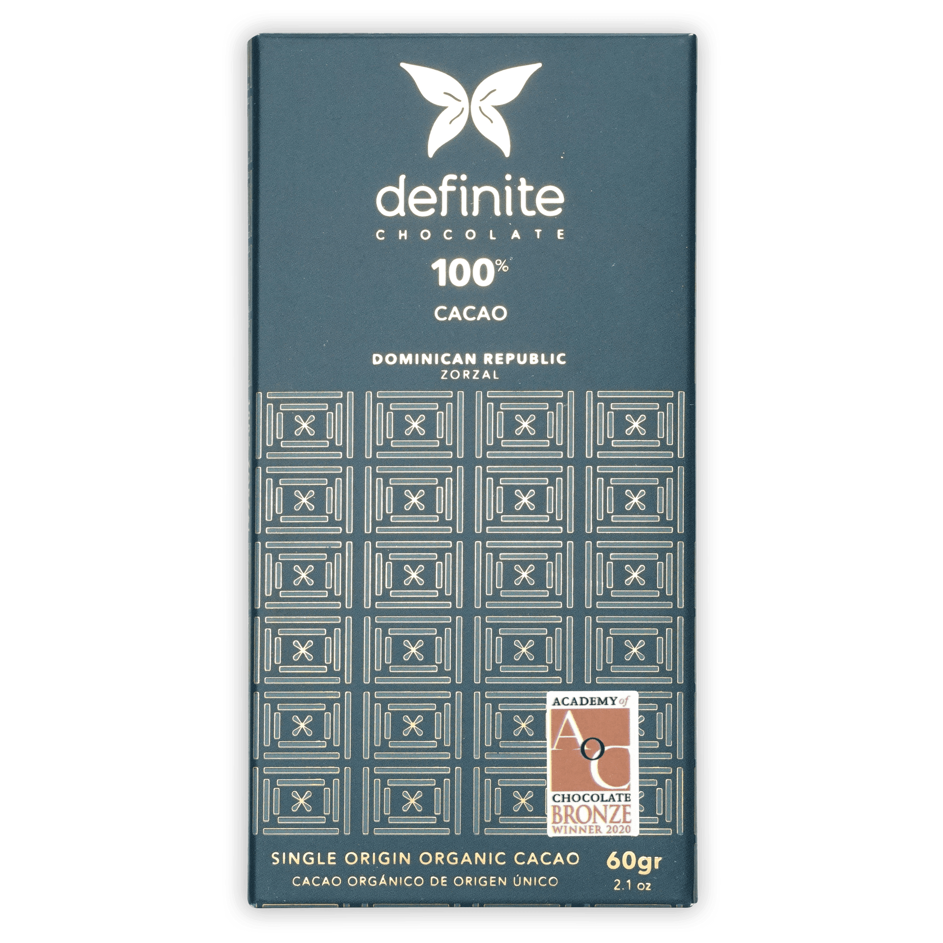 Definite Zorzal 100% dark teal chocolate bar wrapper with white text and geometric patterns