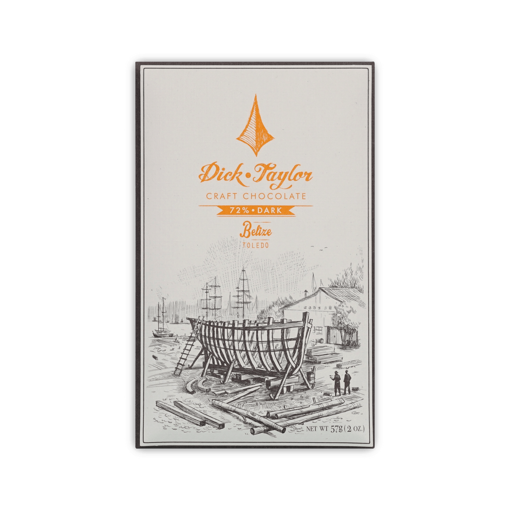 Dick Taylor Craft Chocolate 72% Dark Belize Toledo bar in cream box with a shipyard boat illustration, 57g.