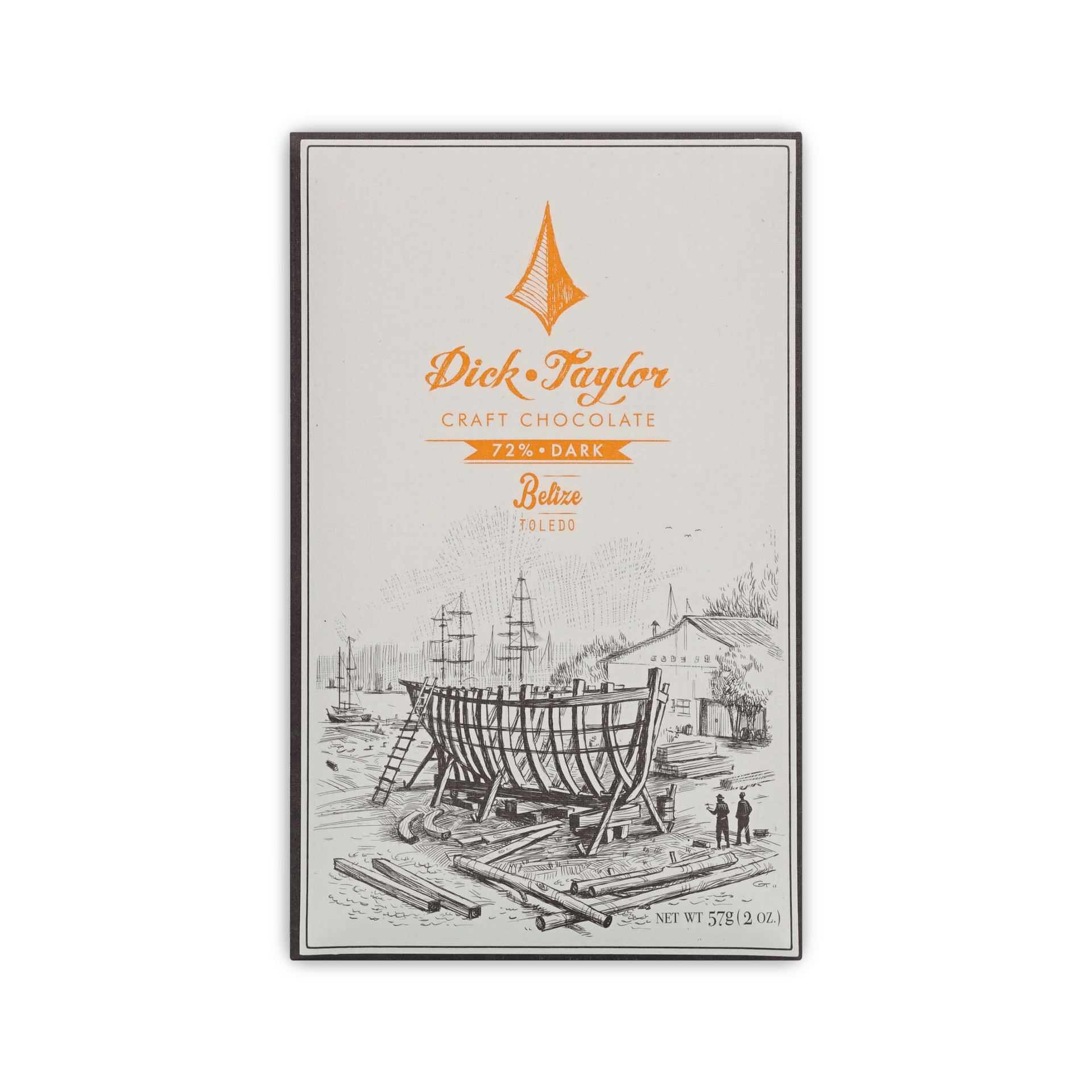 Dick Taylor Craft Chocolate 72% Dark Belize Toledo bar in cream box with a shipyard boat illustration, 57g.