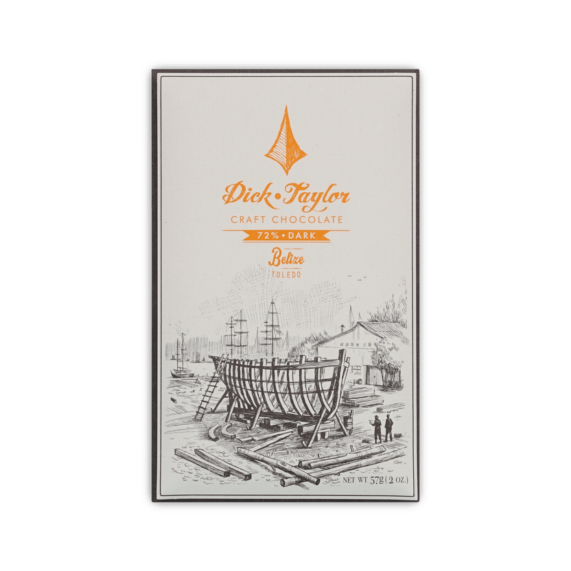 Dick Taylor Craft Chocolate 72% Dark Belize Toledo bar in cream box with a shipyard boat illustration, 57g.