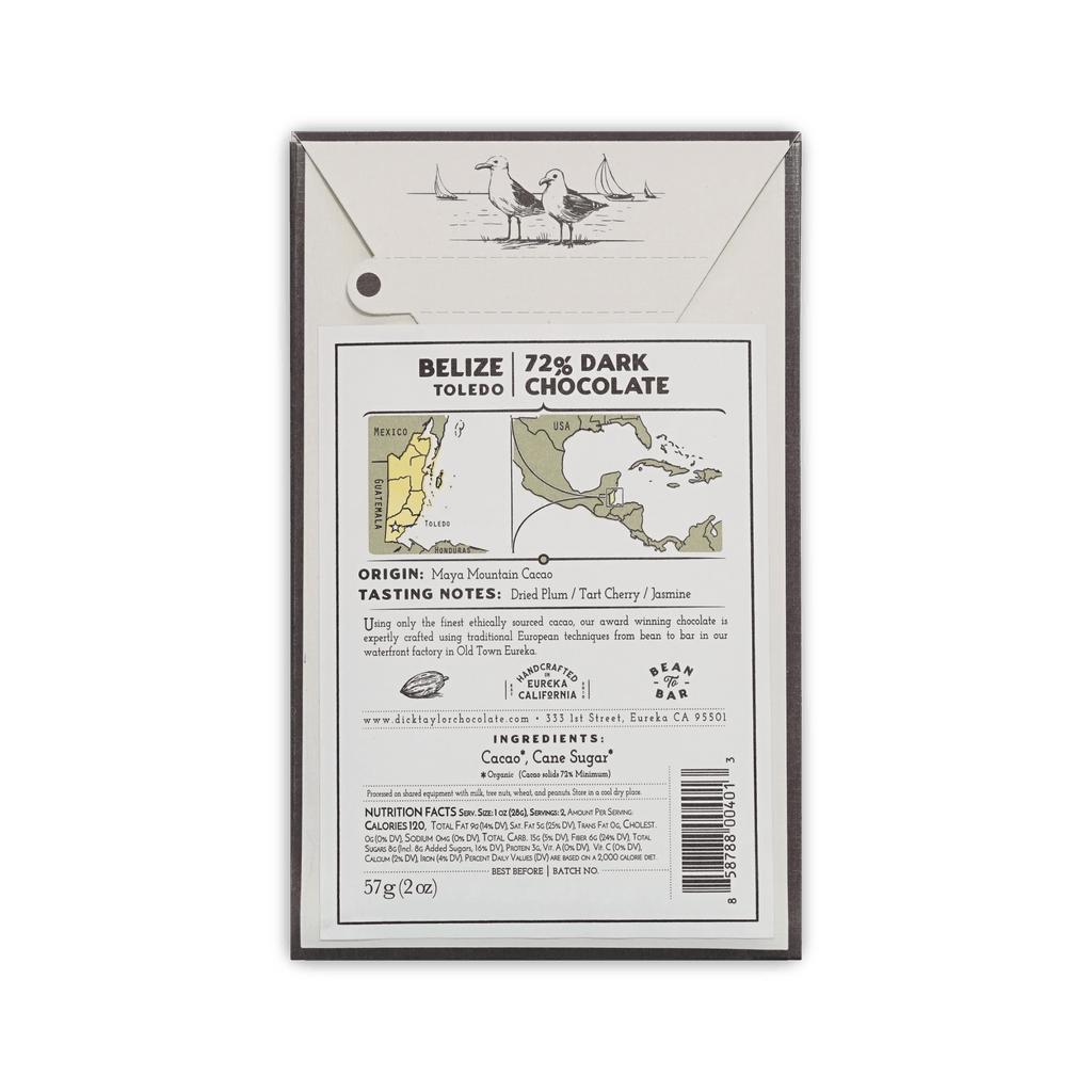 Back of Dick Taylor Belize Toledo 72% box showing map, origin Maya Mountain Cacao, ingredients, and nutrition panel.