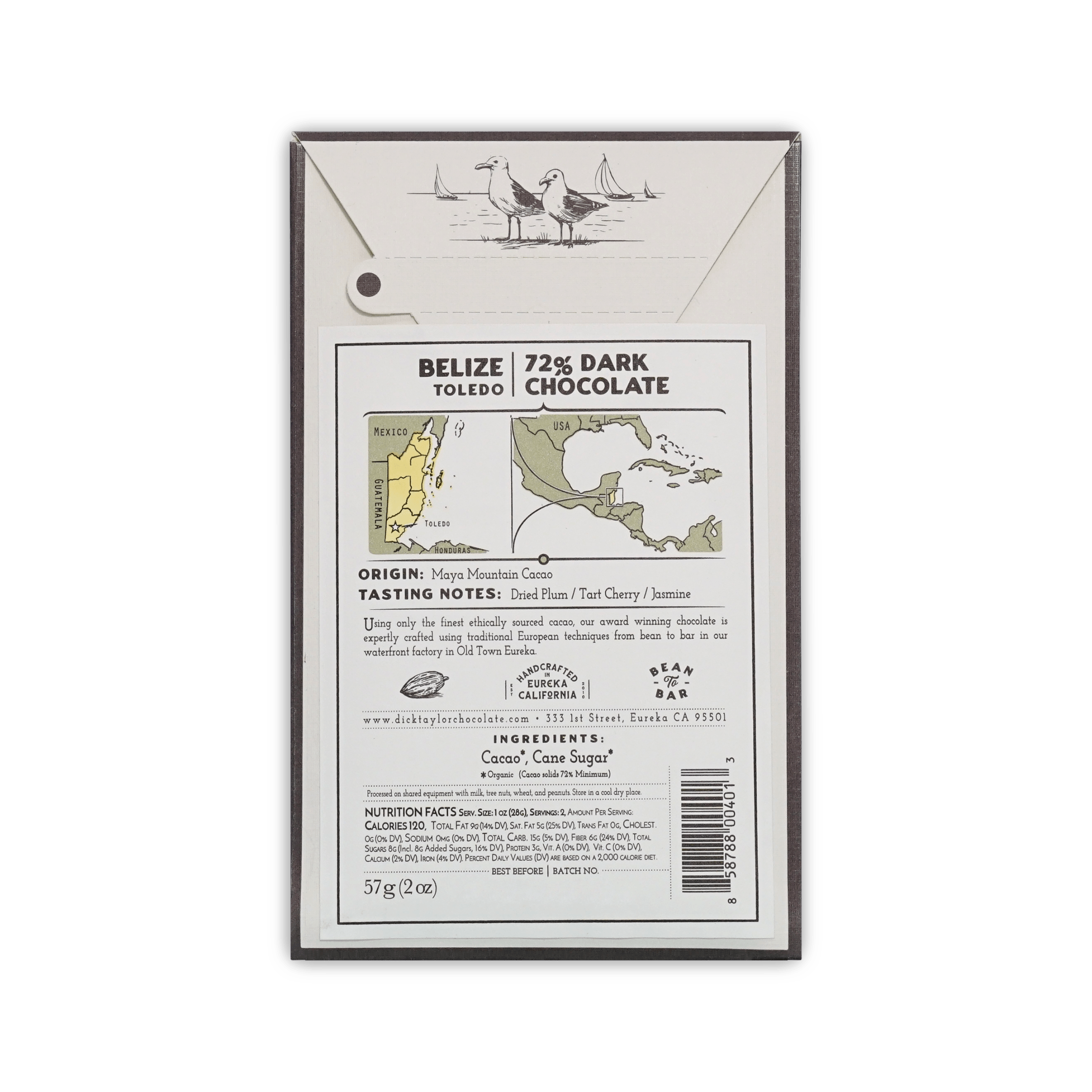 Back of Dick Taylor Belize Toledo 72% box showing map, origin Maya Mountain Cacao, ingredients, and nutrition panel.