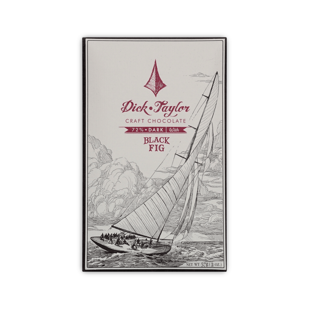 Dick Taylor Craft Chocolate 72% Dark with Black Fig bar, cream box with a line-drawn sailboat, 57g