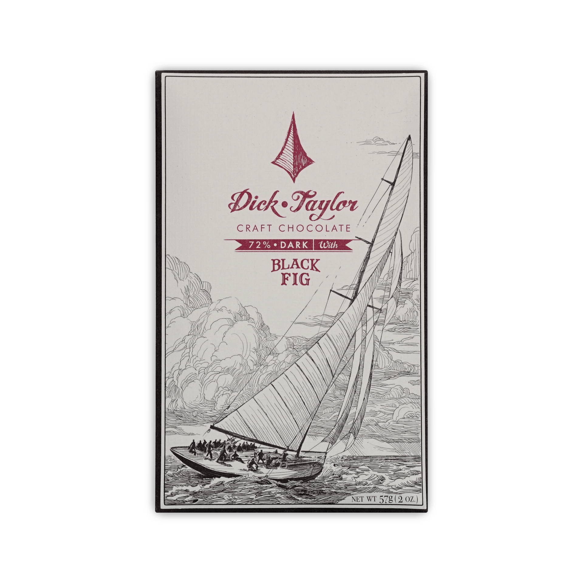 Dick Taylor Craft Chocolate 72% Dark with Black Fig bar, cream box with a line-drawn sailboat, 57g