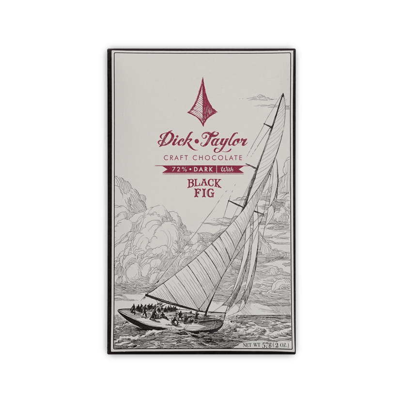 Dick Taylor Craft Chocolate 72% Dark with Black Fig bar, cream box with a line-drawn sailboat, 57g