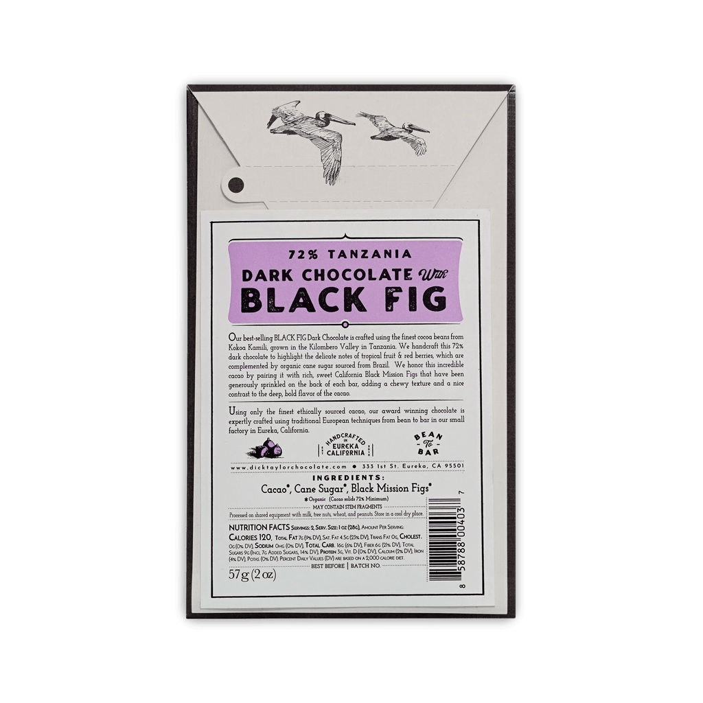 Back of Dick Taylor 72% Tanzania Dark Chocolate with Black Fig box, purple label, flying pelicans, ingredients