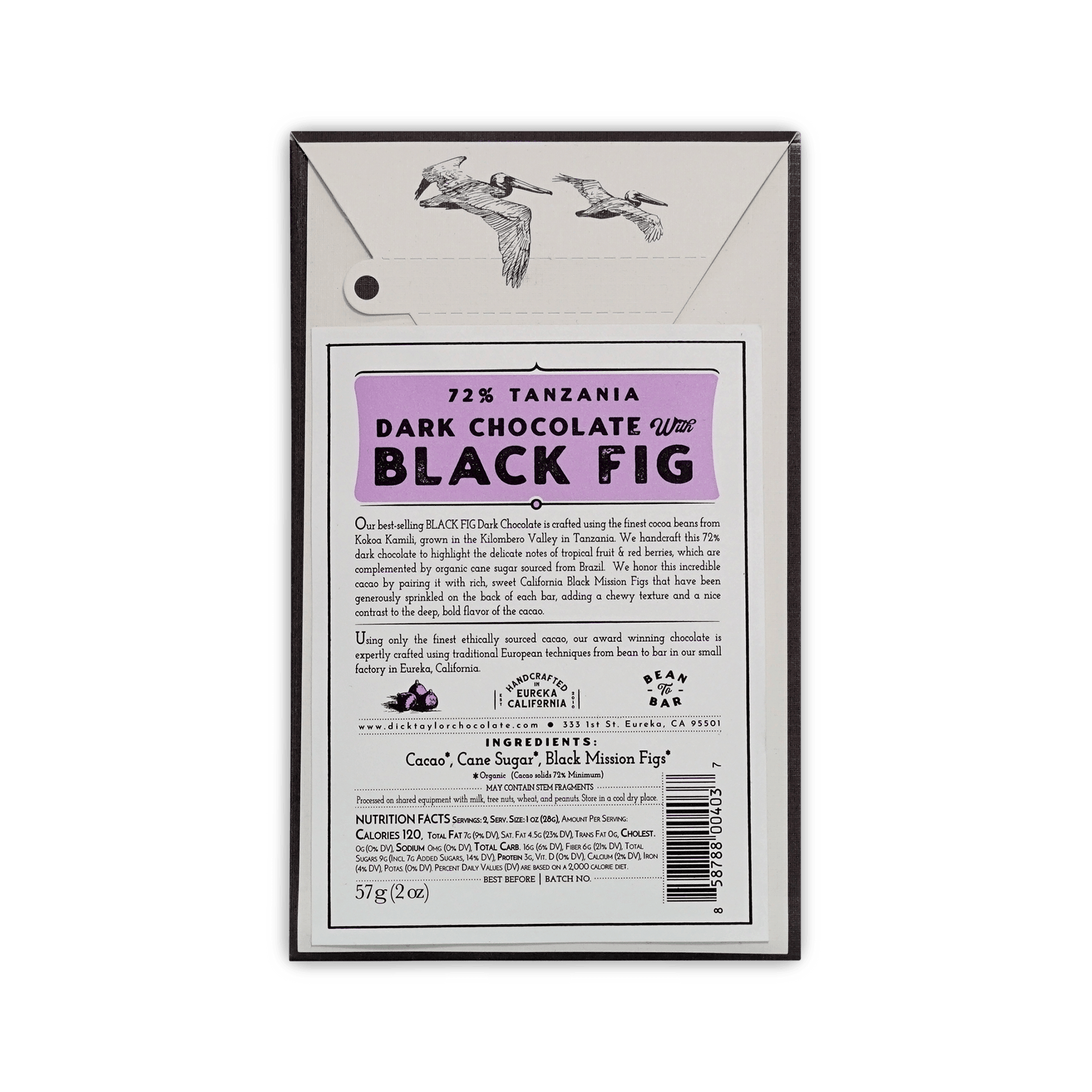 Back of Dick Taylor 72% Tanzania Dark Chocolate with Black Fig box, purple label, flying pelicans, ingredients