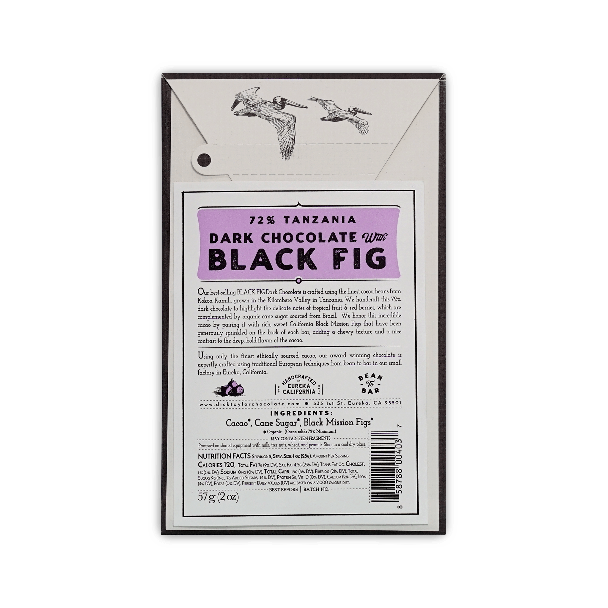 Back of Dick Taylor 72% Tanzania Dark Chocolate with Black Fig box, purple label, flying pelicans, ingredients