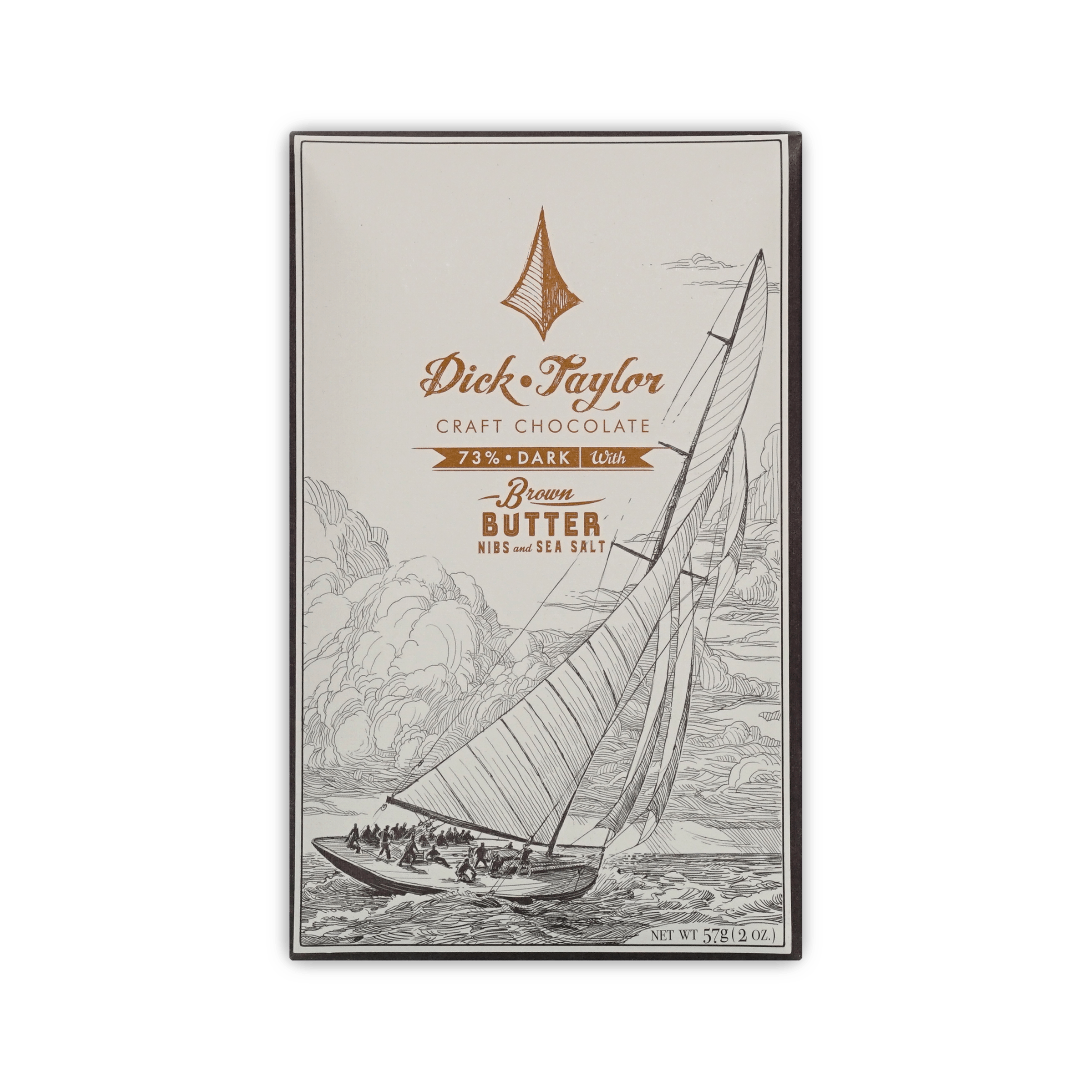 Dick Taylor Craft Chocolate 73% Dark with Brown Butter, Nibs and Sea Salt bar in cream box with a sailboat illustration, 57g.