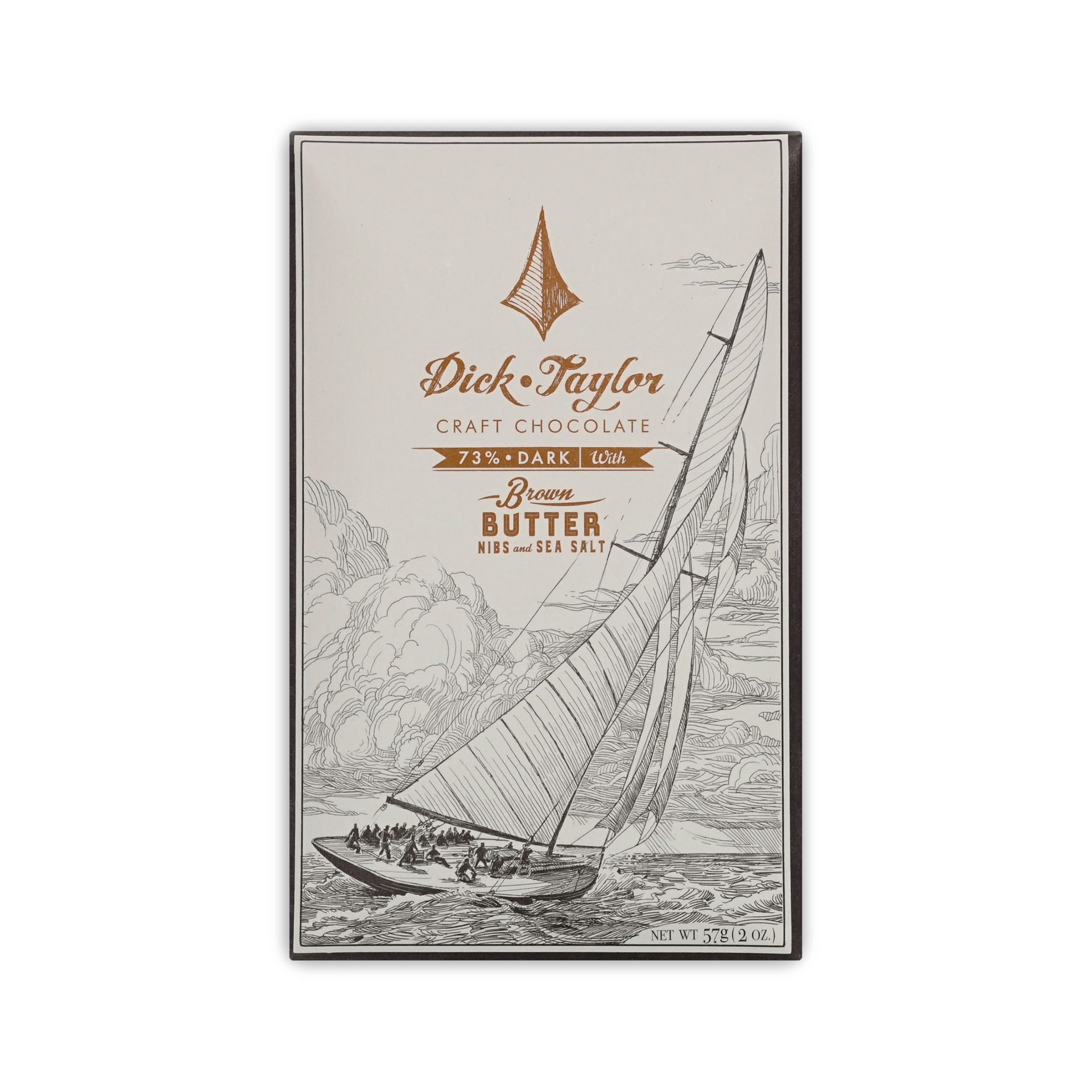 Dick Taylor Craft Chocolate 73% Dark with Brown Butter, Nibs and Sea Salt bar in cream box with a sailboat illustration, 57g.