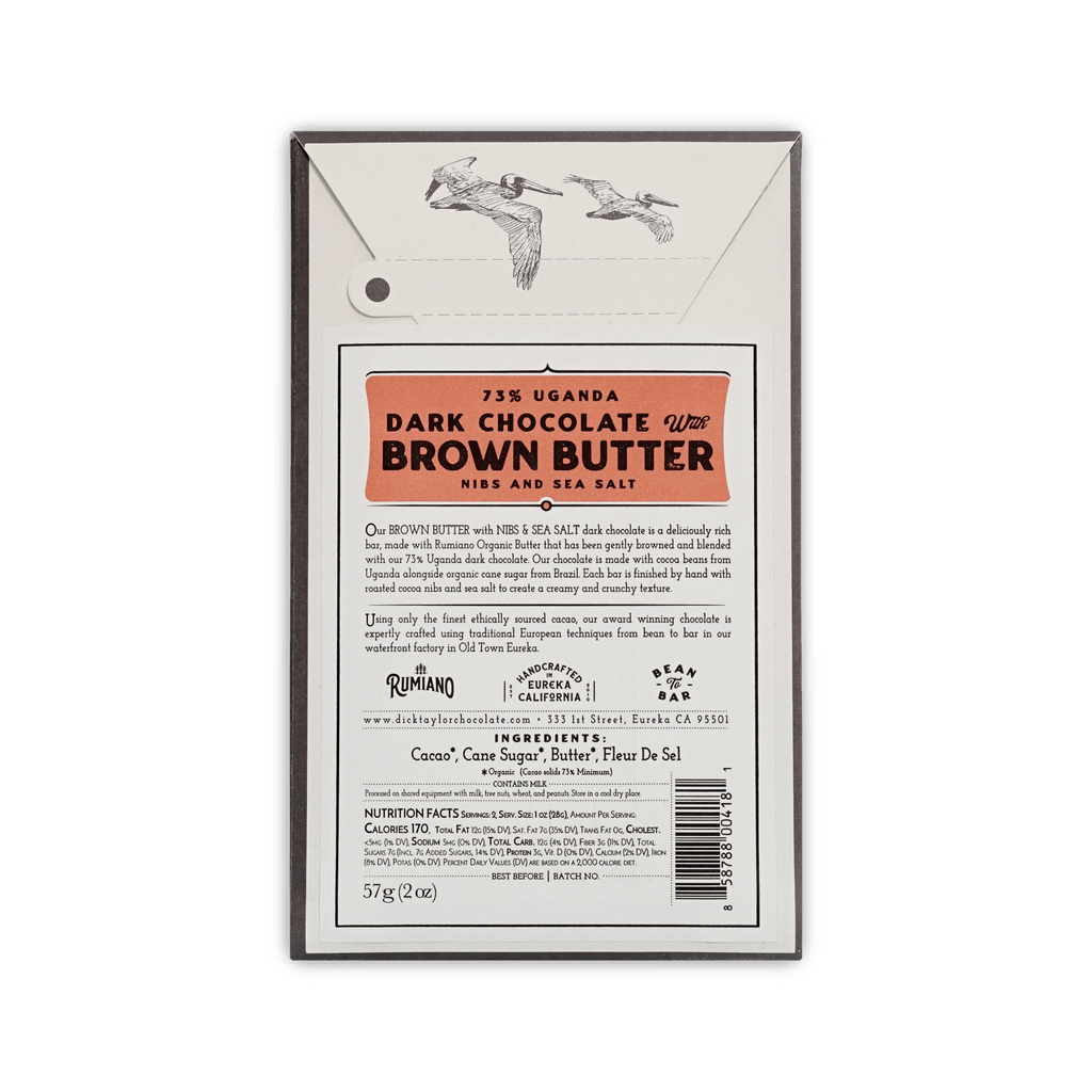 Back of Dick Taylor 73% Uganda Dark Chocolate with Brown Butter box, orange panel, ingredients, and nutrition facts.