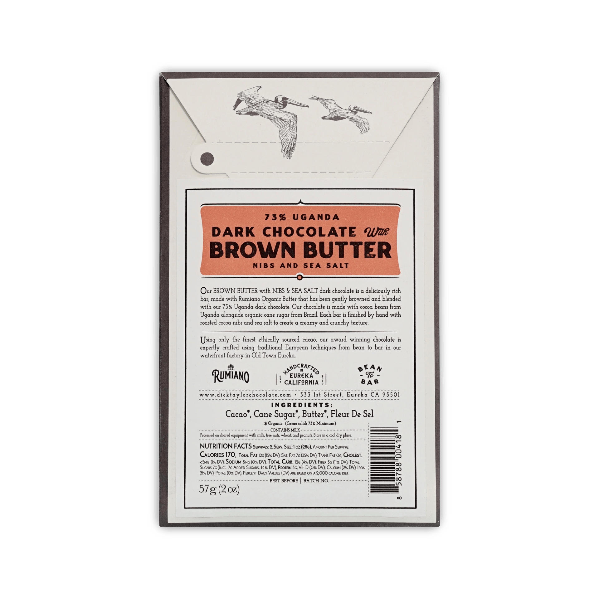 Back of Dick Taylor 73% Uganda Dark Chocolate with Brown Butter box, orange panel, ingredients, and nutrition facts.