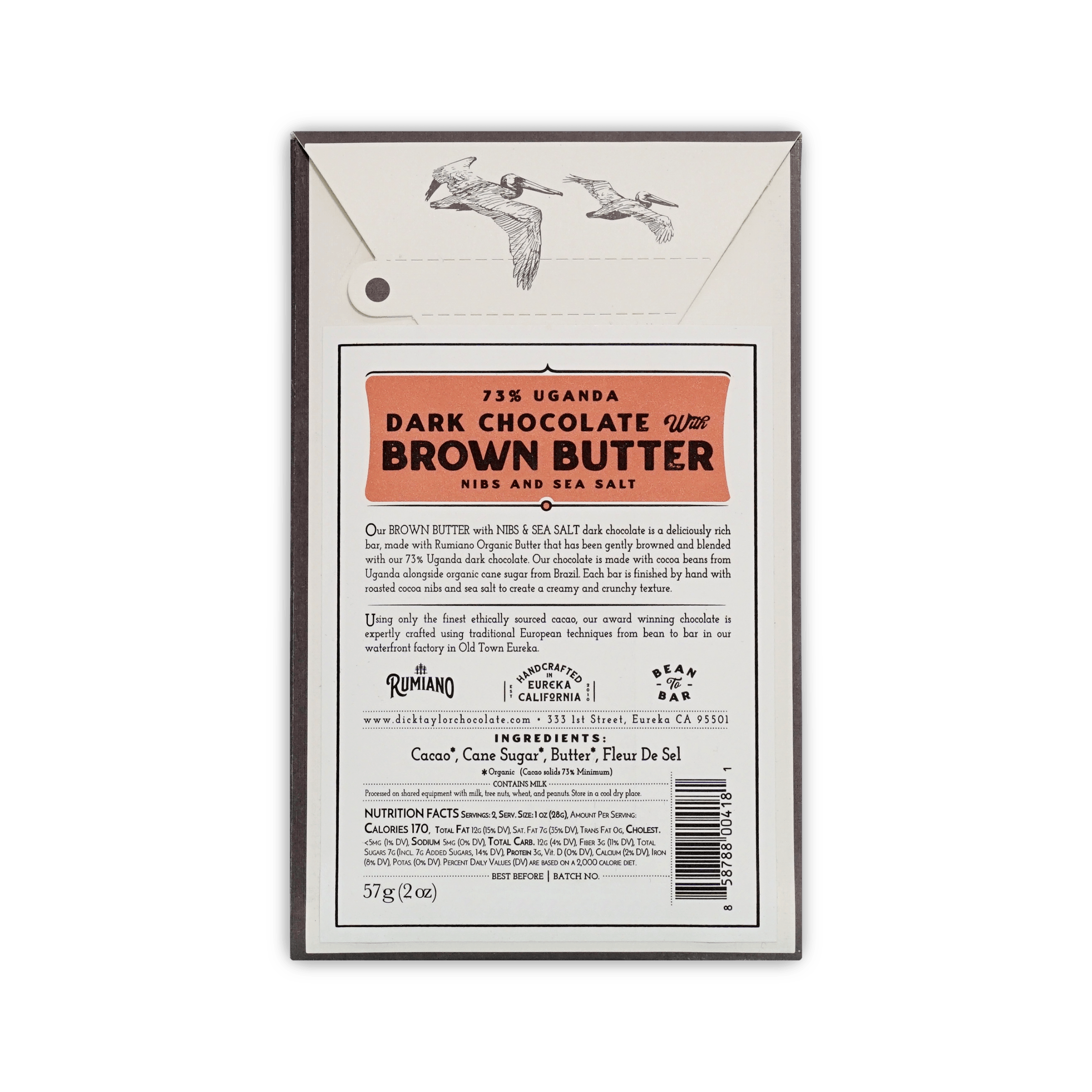 Back of Dick Taylor 73% Uganda Dark Chocolate with Brown Butter box, orange panel, ingredients, and nutrition facts.