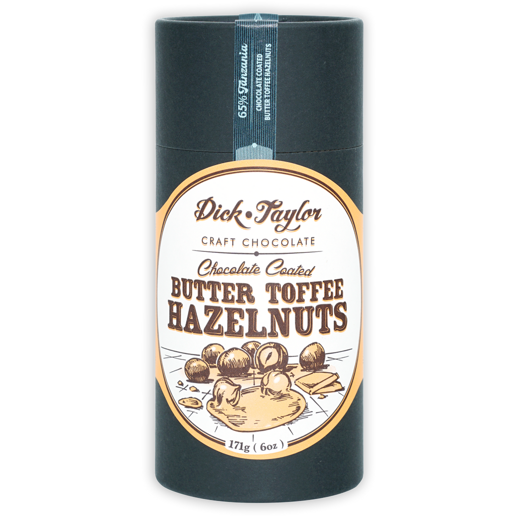 Dick Taylor Chocolate Coated Butter Toffee Hazelnuts 65% dark tin
