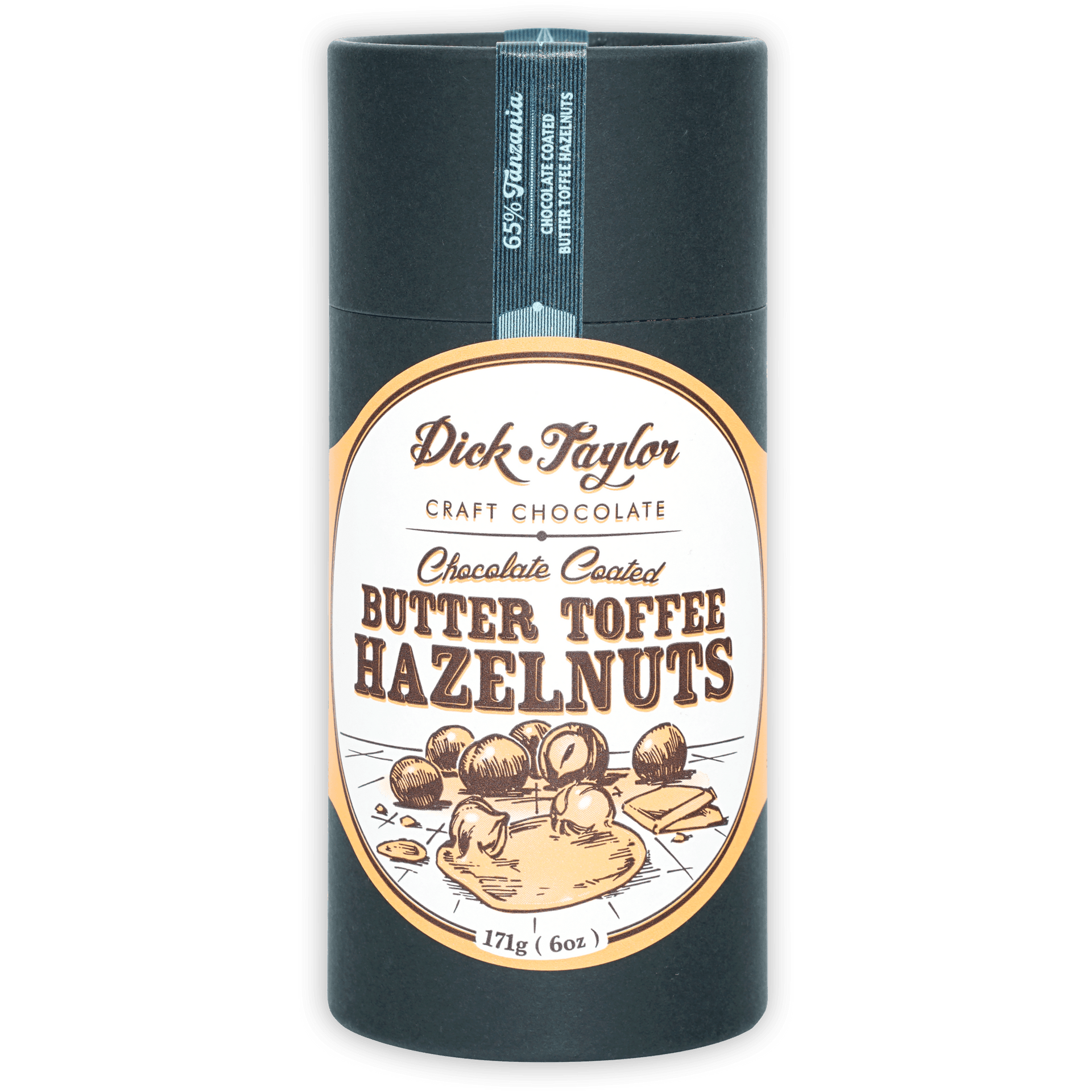 Dick Taylor Chocolate Coated Butter Toffee Hazelnuts 65% dark tin