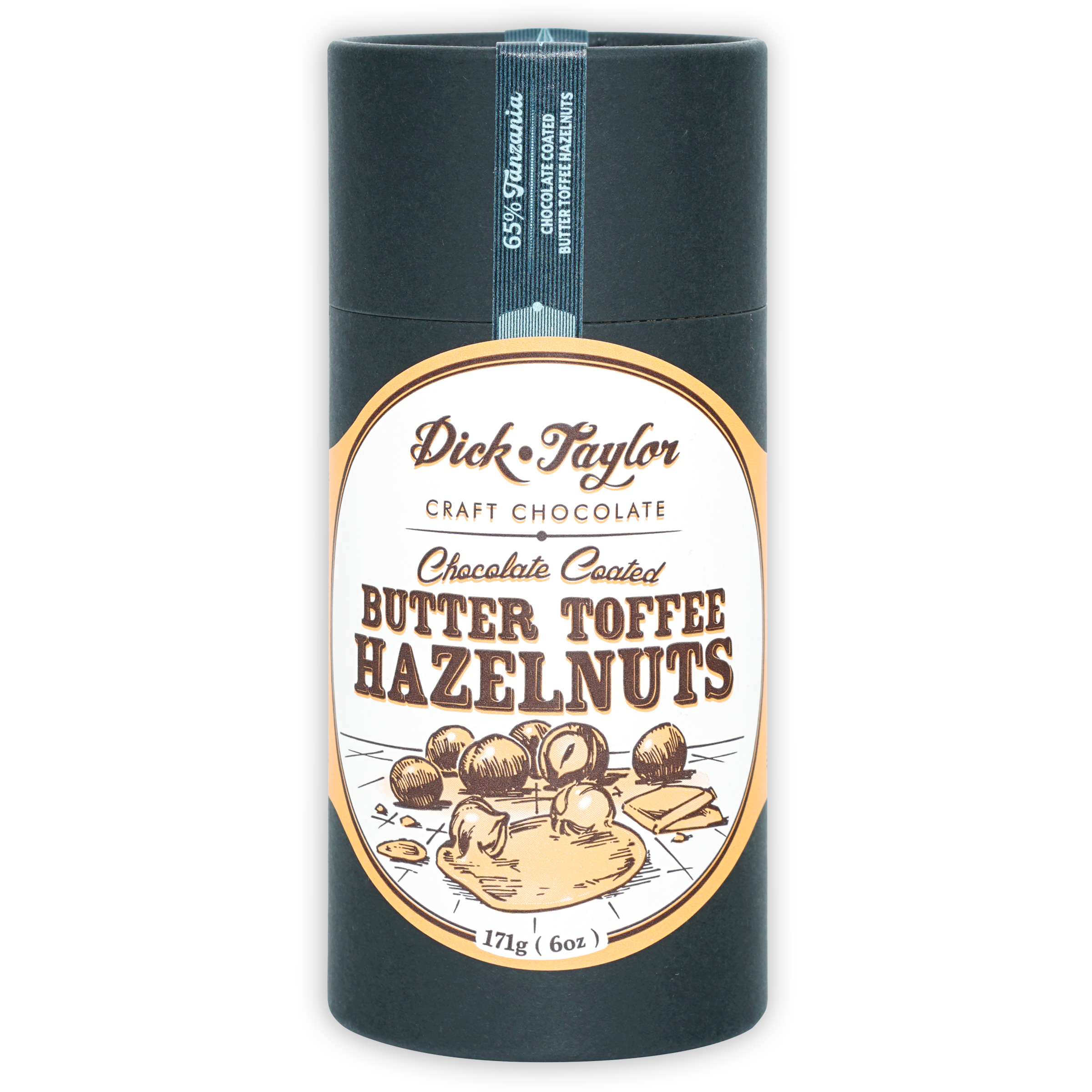 Dick Taylor Chocolate Coated Butter Toffee Hazelnuts 65% dark tin