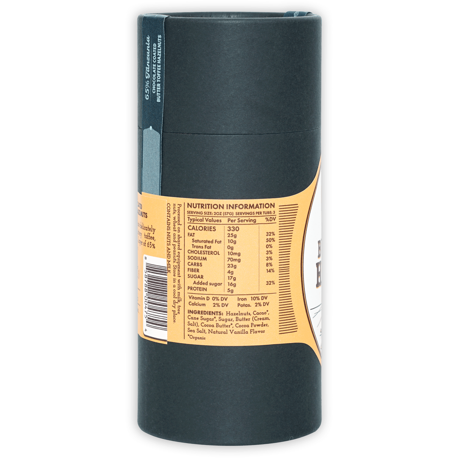 Dick Taylor back label of chocolate coated hazelnut butter tube