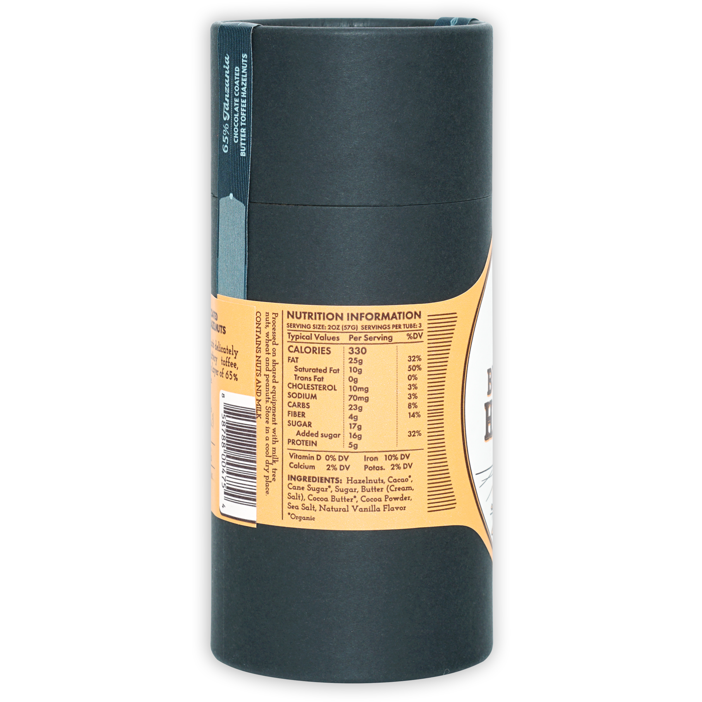 Dick Taylor back label of chocolate coated hazelnut butter tube