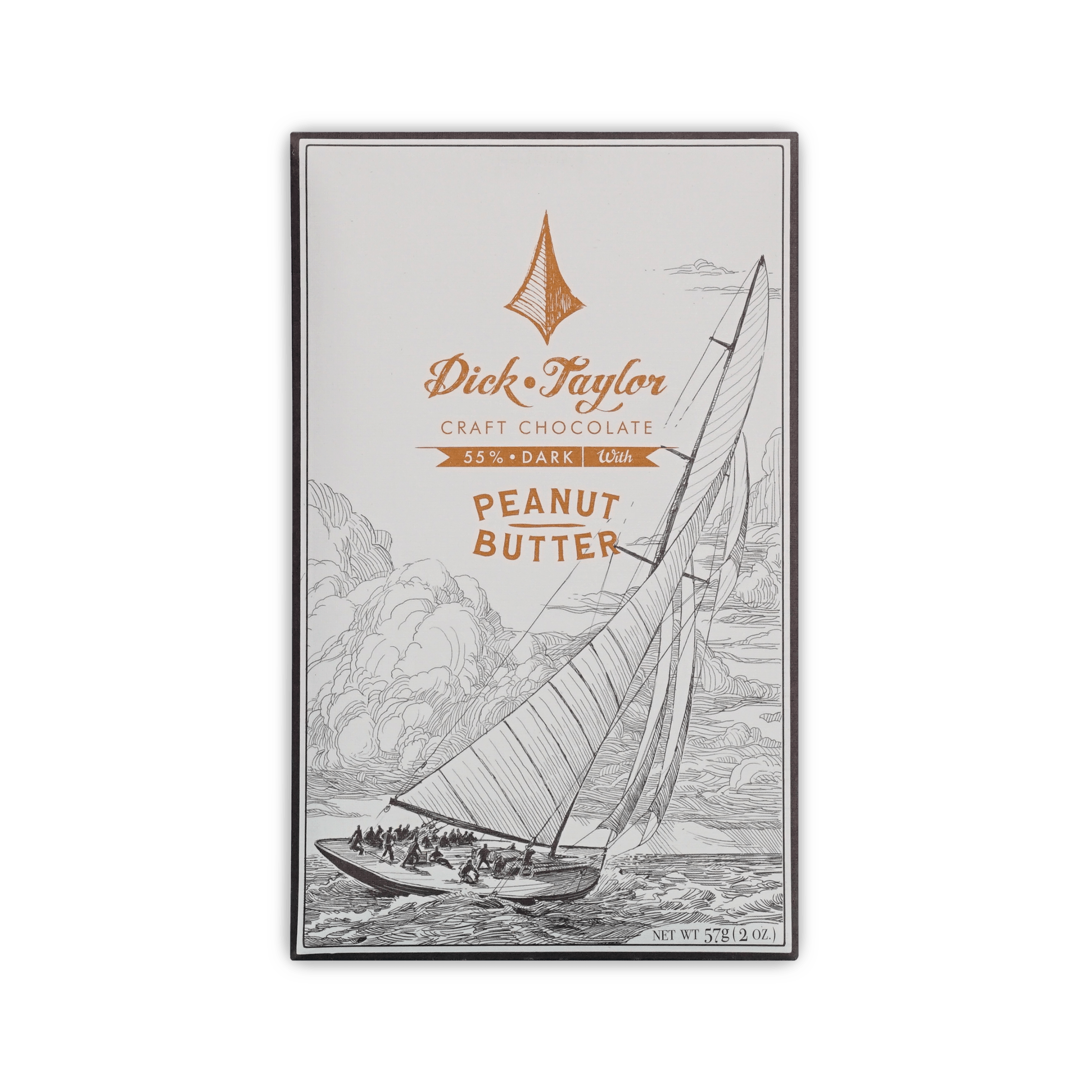 Dick Taylor Craft Chocolate box, cream with a sailing ship illustration, 55% dark with Peanut Butter, 57 g