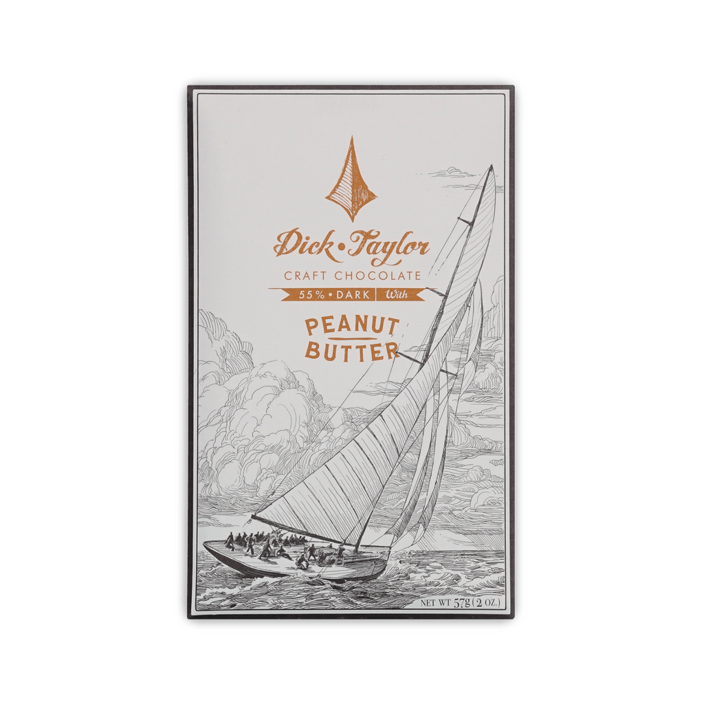 Dick Taylor Craft Chocolate box, cream with a sailing ship illustration, 55% dark with Peanut Butter, 57 g
