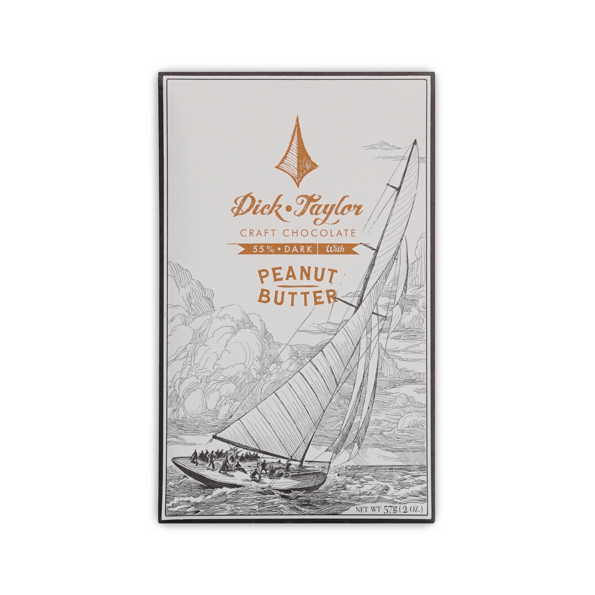 Dick Taylor Craft Chocolate box, cream with a sailing ship illustration, 55% dark with Peanut Butter, 57 g