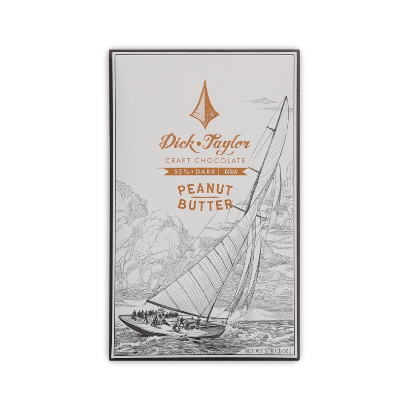 Dick Taylor Craft Chocolate box, cream with a sailing ship illustration, 55% dark with Peanut Butter, 57 g