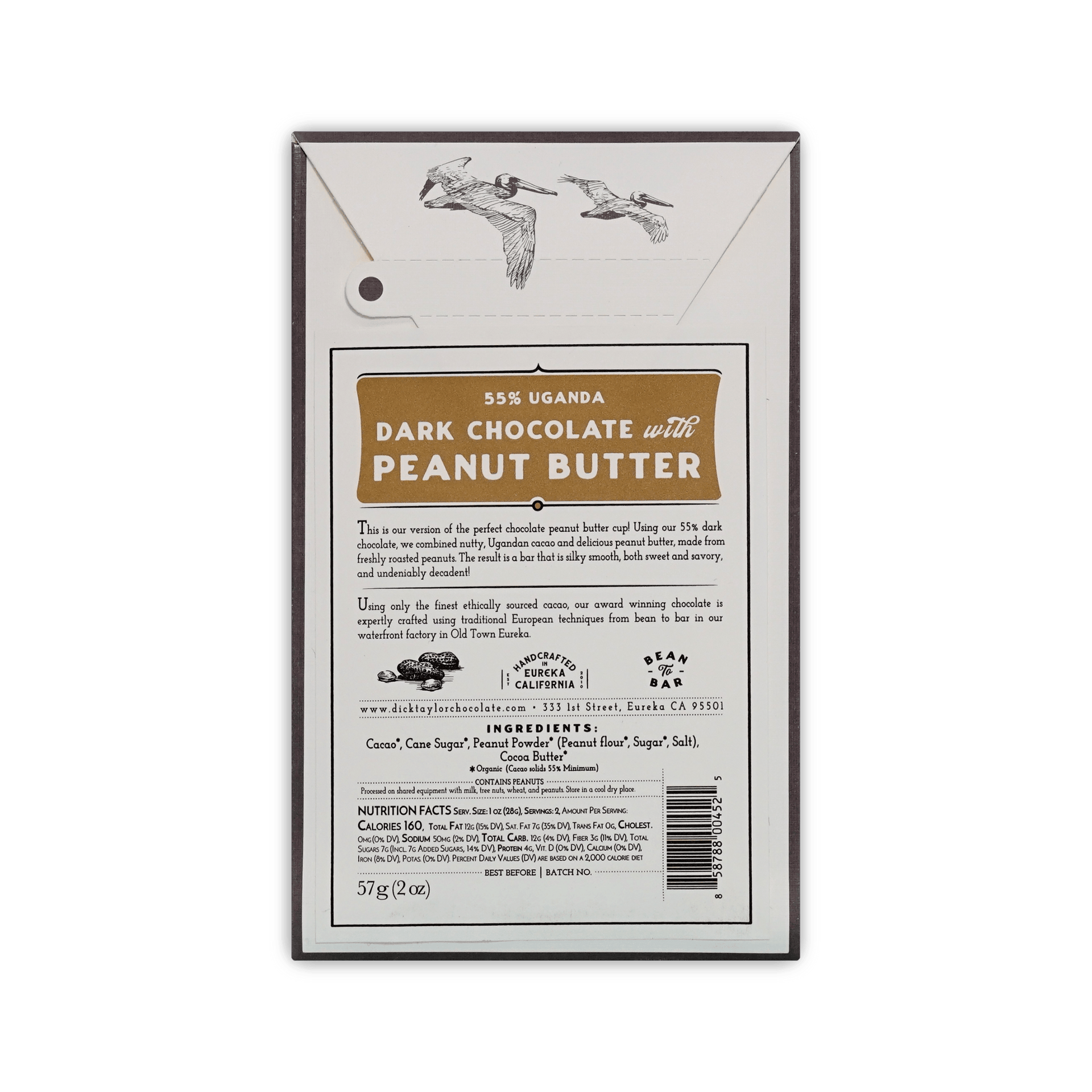 Back of Dick Taylor box, pelican illustration, 55% Uganda dark chocolate with peanut butter, ingredients and barcode, 57 g