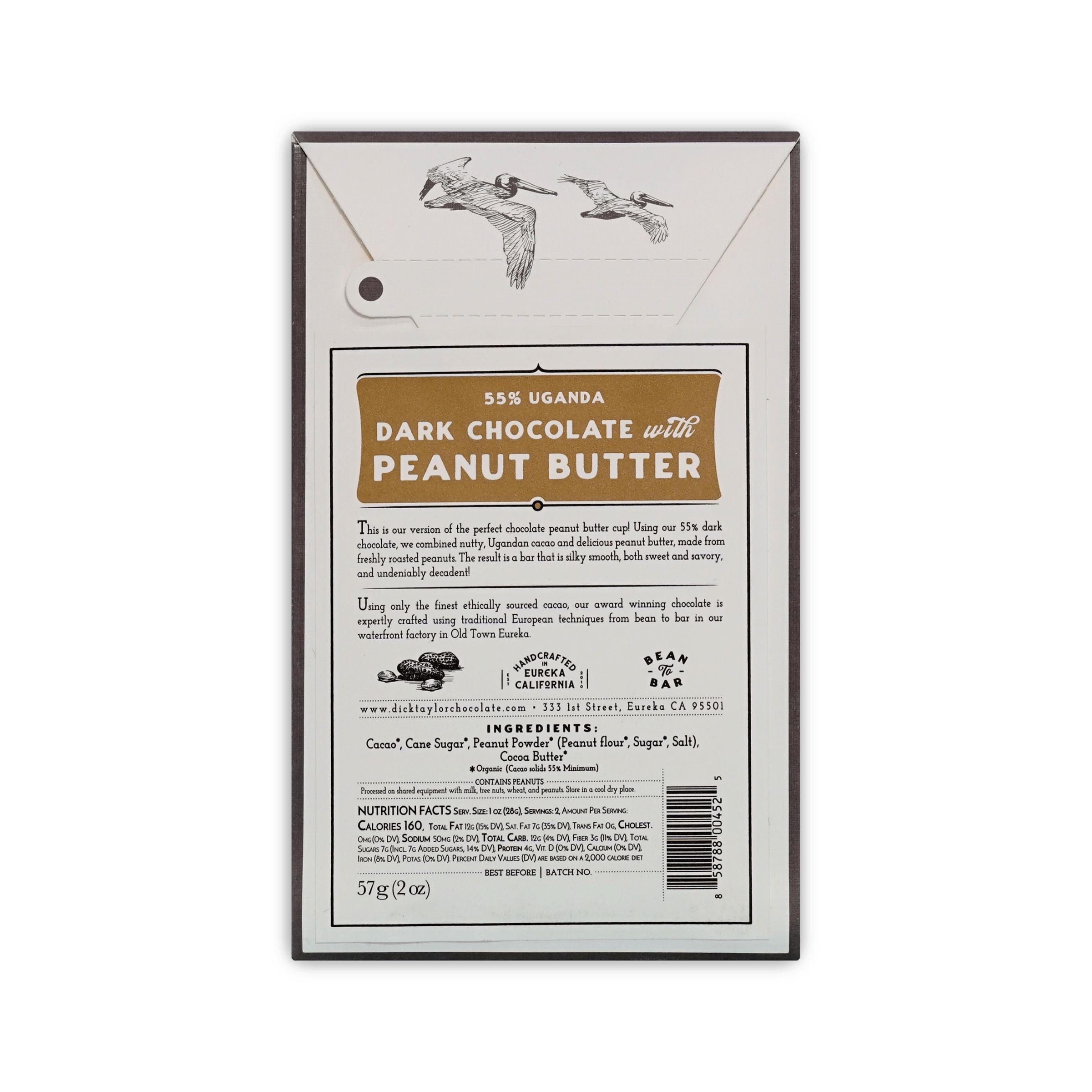 Back of Dick Taylor box, pelican illustration, 55% Uganda dark chocolate with peanut butter, ingredients and barcode, 57 g