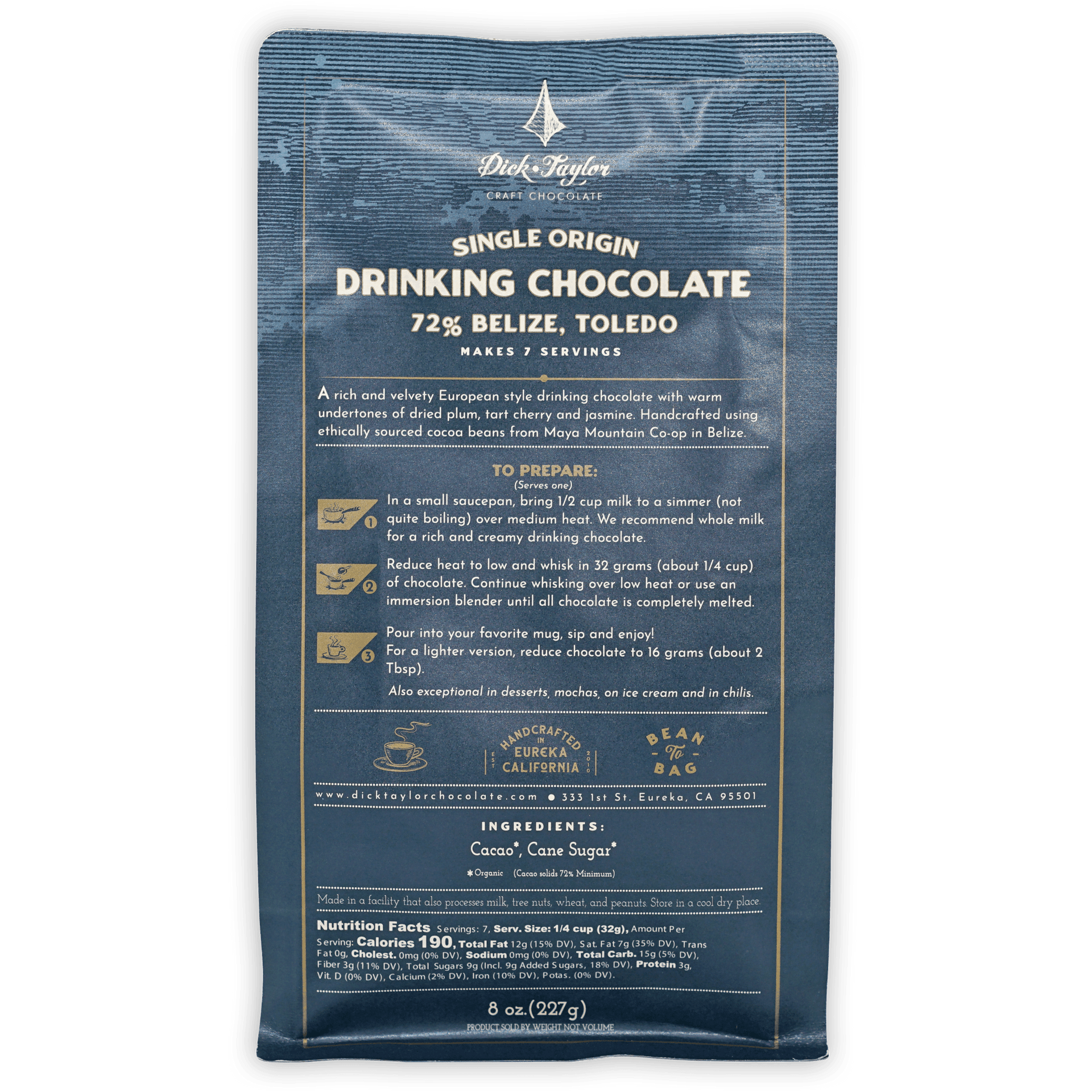 Blue textured Dick Taylor 72% Belize drinking chocolate packaging