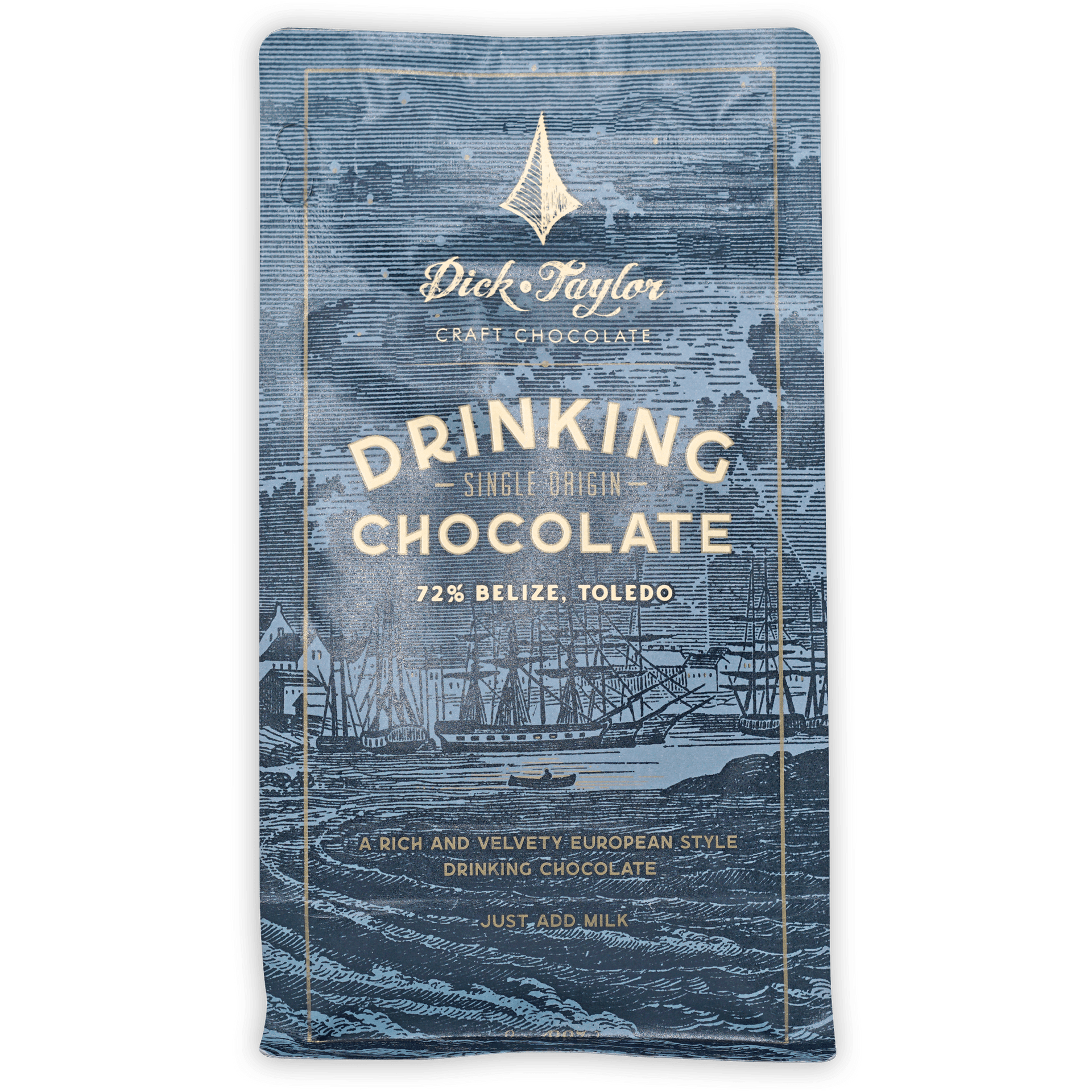 Dick Taylor 72% Belize Toledo drinking chocolate bar in blue nautical wrapper