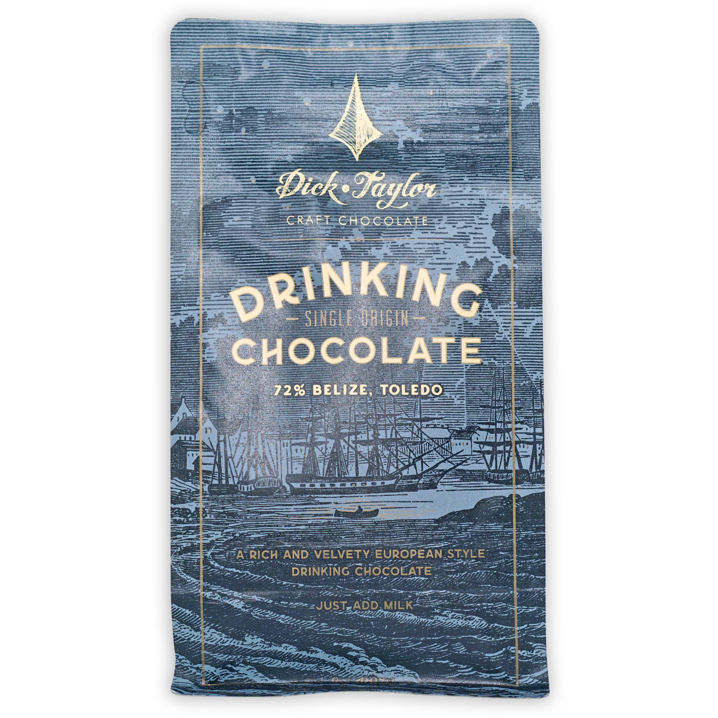 Dick Taylor 72% Belize Toledo drinking chocolate bar in blue nautical wrapper