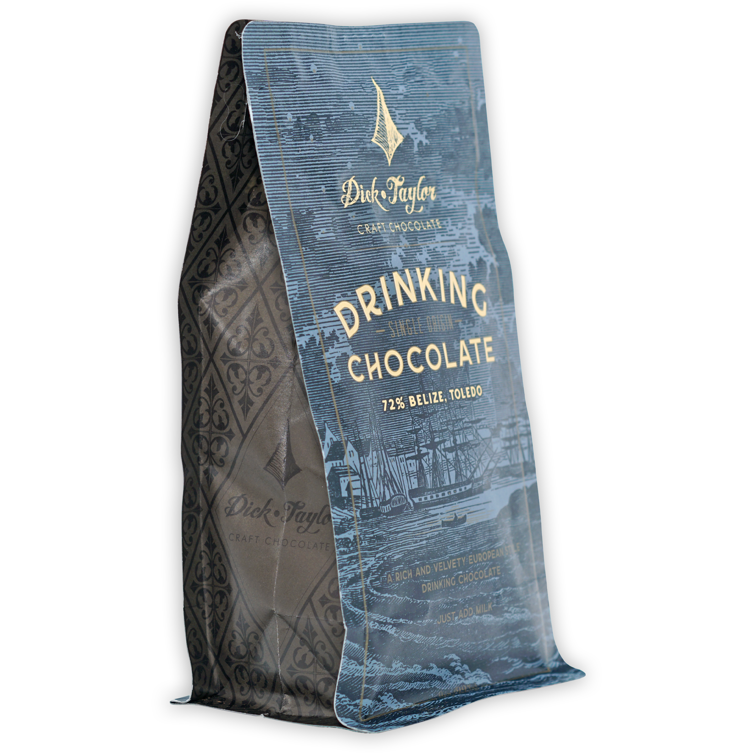Dick Taylor Drinking Chocolate Belize 72% blue gold foil bag